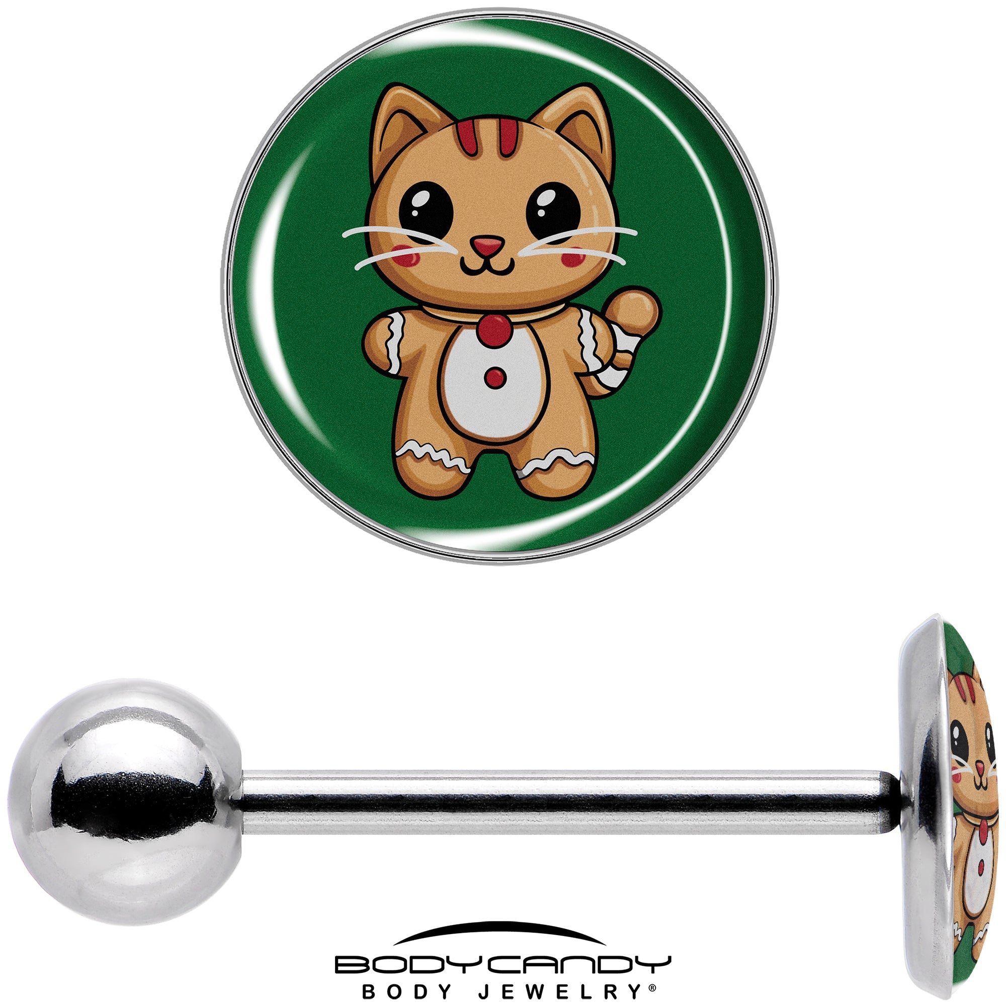 BodyCandy Christmas Holiday Gingerbrread Kitty Cat Barbell Tongue Ring by Onyx O — in-use photo