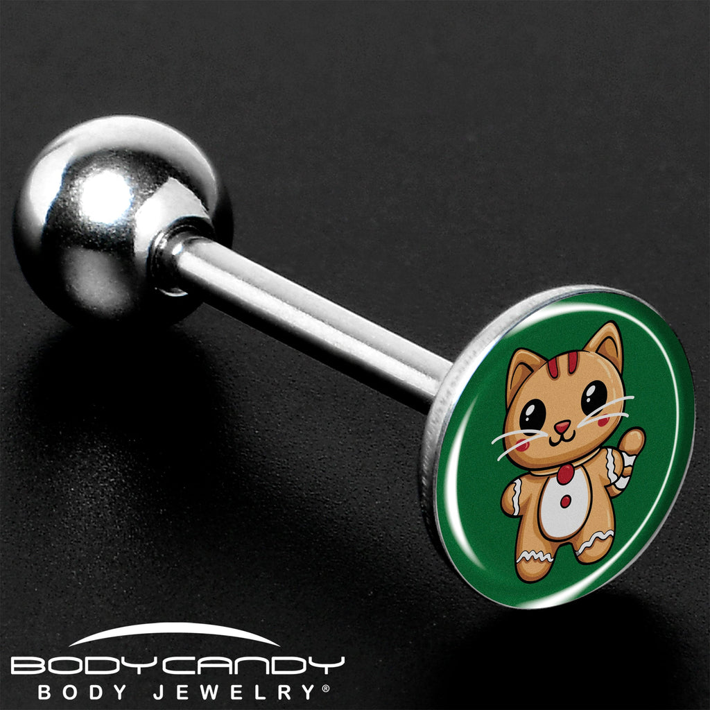 BodyCandy Christmas Holiday Gingerbrread Kitty Cat Barbell Tongue Ring by Onyx O — size reference