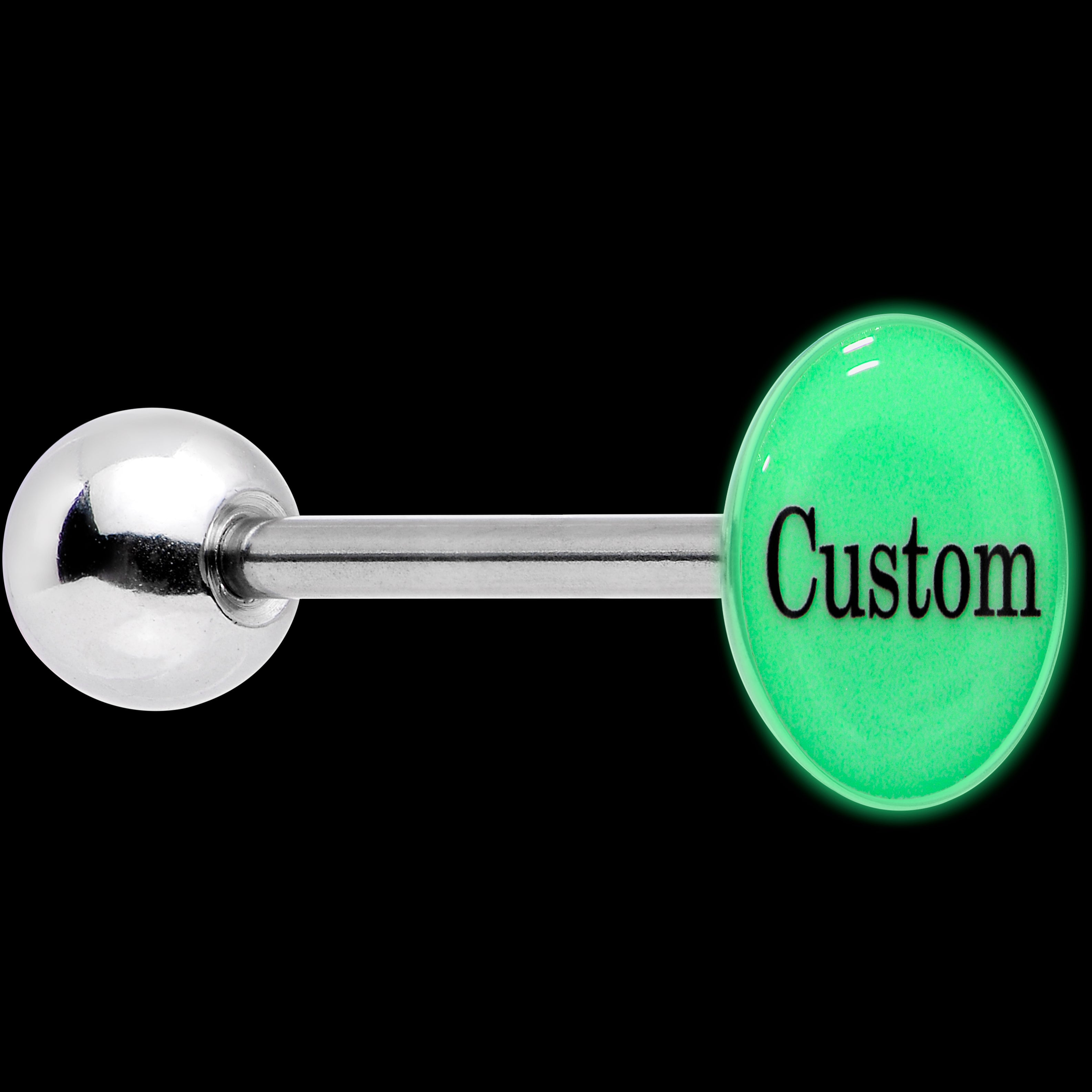 BodyCandy Custom Glow in the Dark Logo Stainless Steel Barbell Tongue Ring — detail close-up