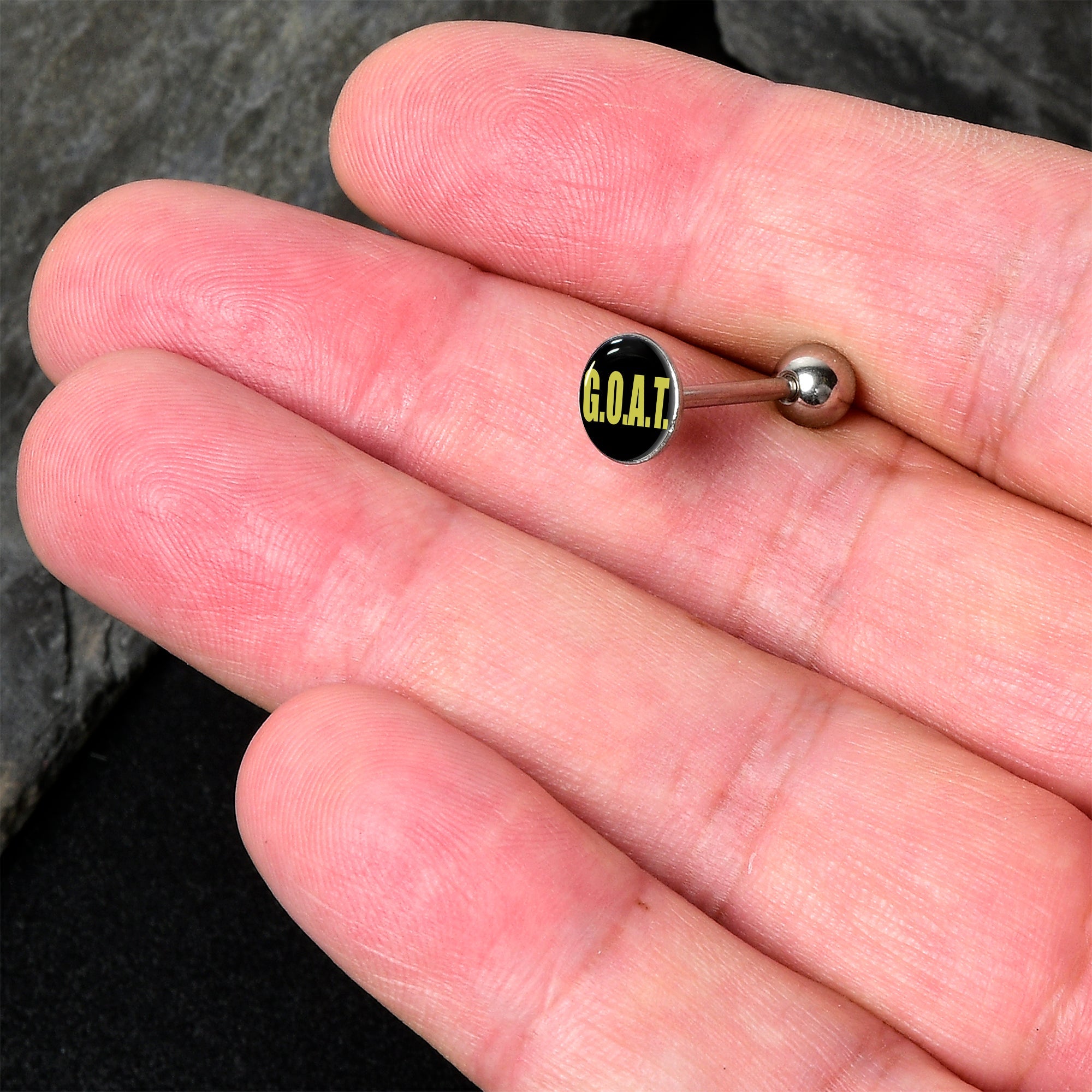 BodyCandy G.O.A.T. Barbell Tongue Ring by Onyx O — detail close-up