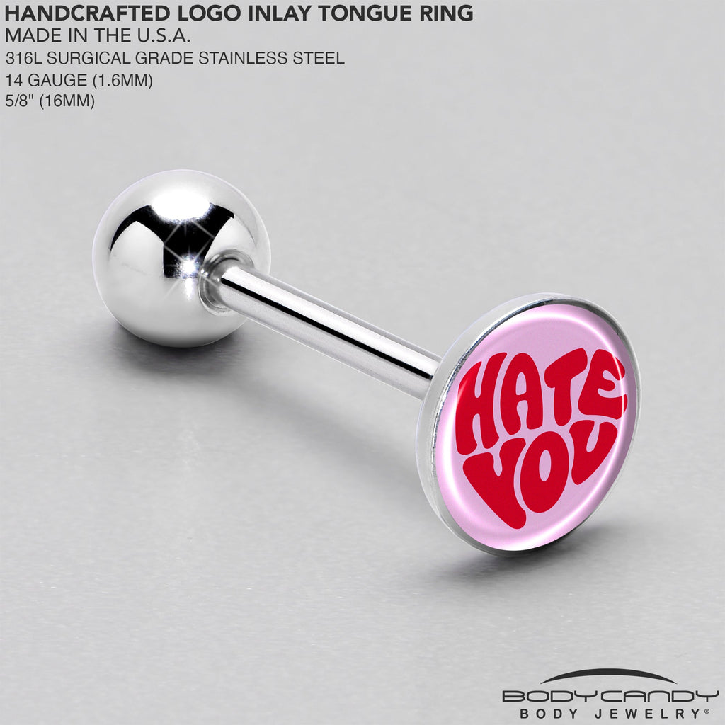 BodyCandy Retro Text Hate You Barbell Tongue Ring by Onyx O — side view
