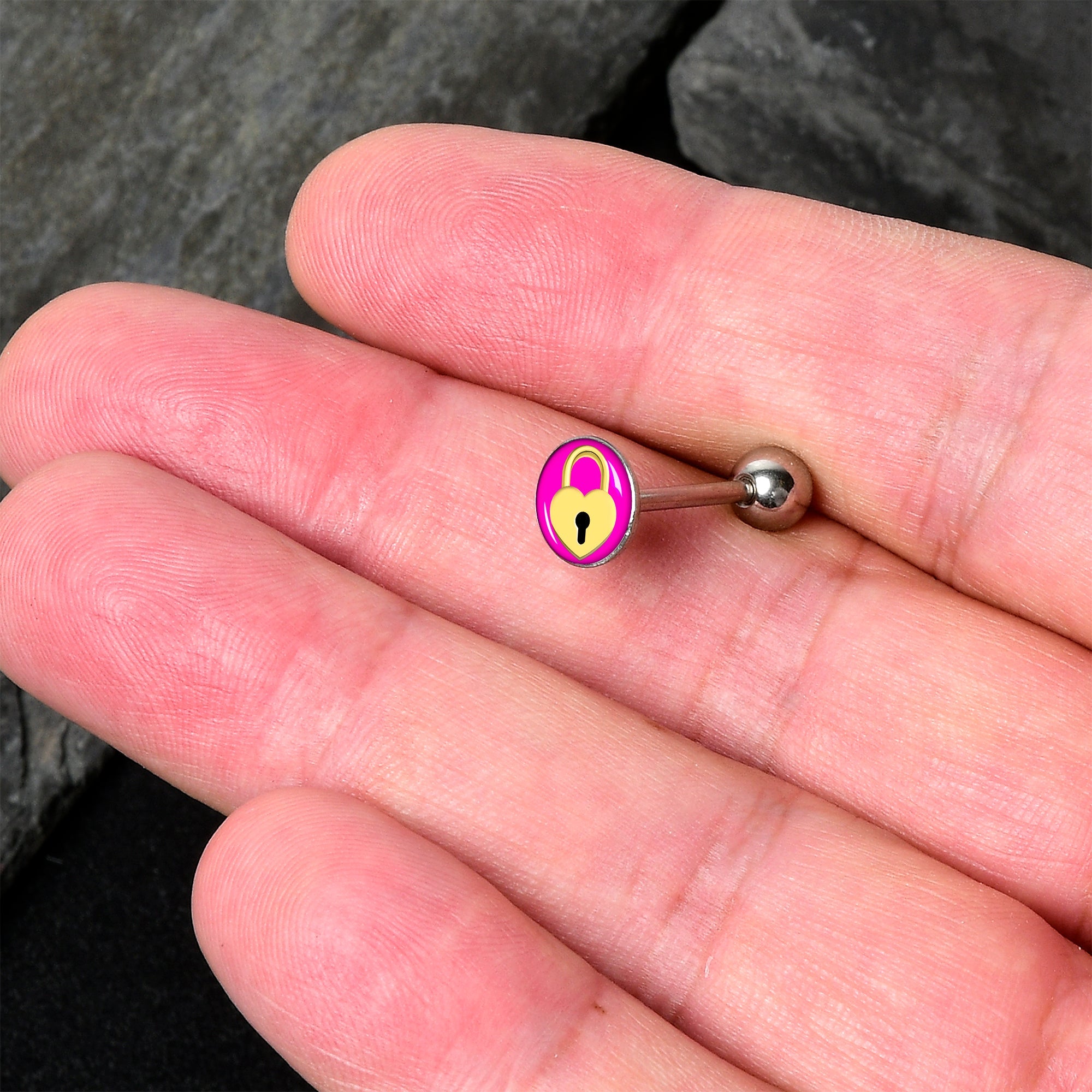 BodyCandy Heart Lock Barbell Tongue Ring by Onyx O — detail close-up