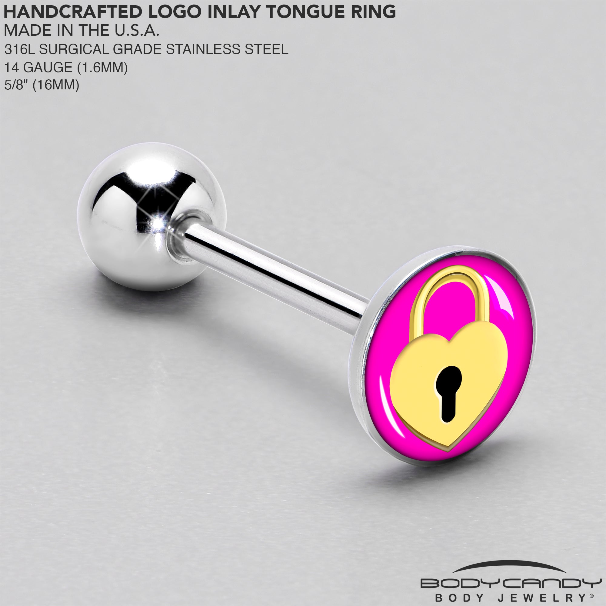BodyCandy Heart Lock Barbell Tongue Ring by Onyx O — side view