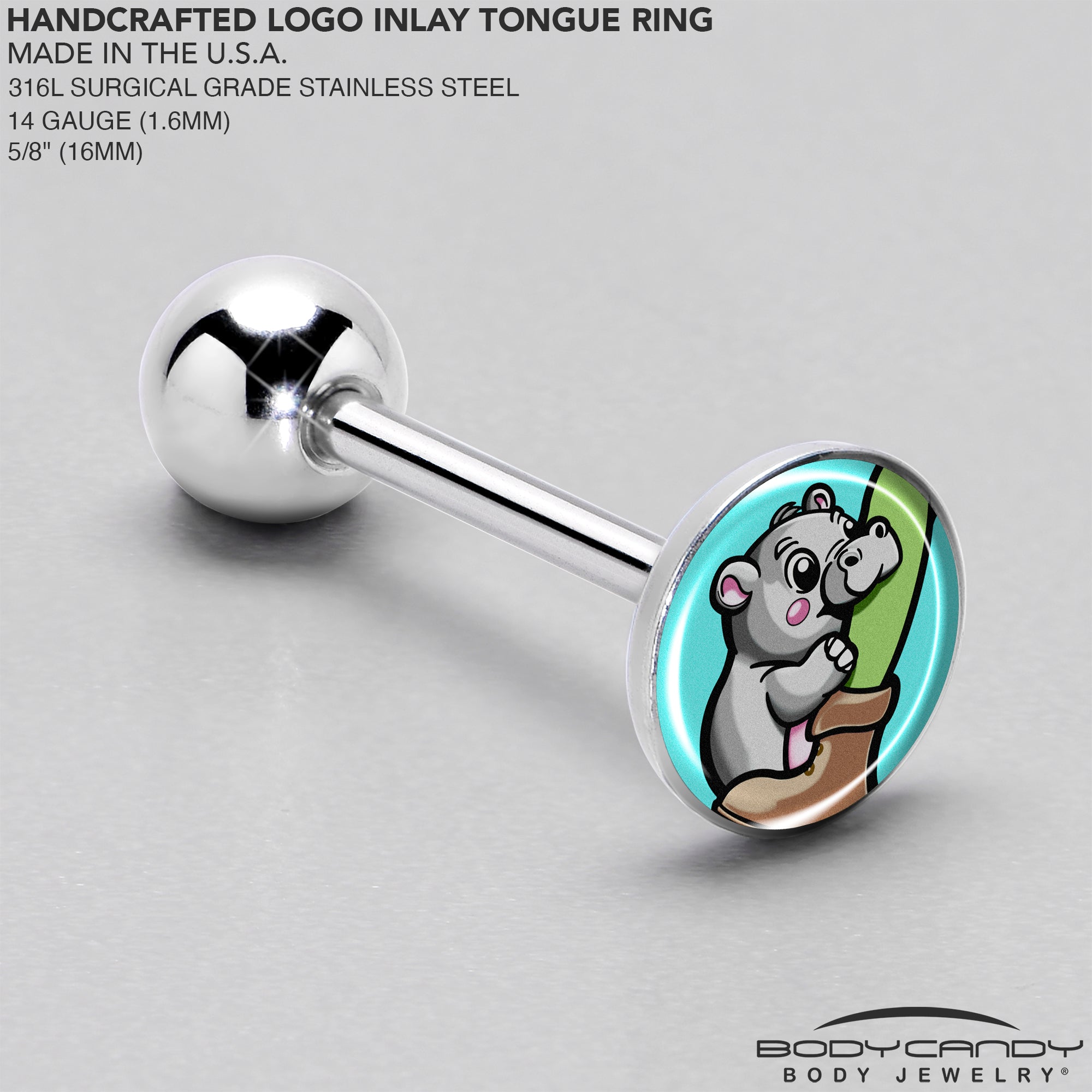 BodyCandy Cute Biting Baby Hippo Barbell Tongue Ring — side view