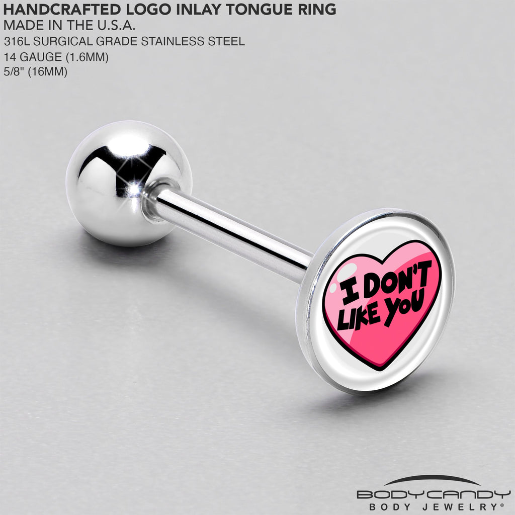 BodyCandy I Don't Like You Valentine Heart Barbell Tongue Ring — side view