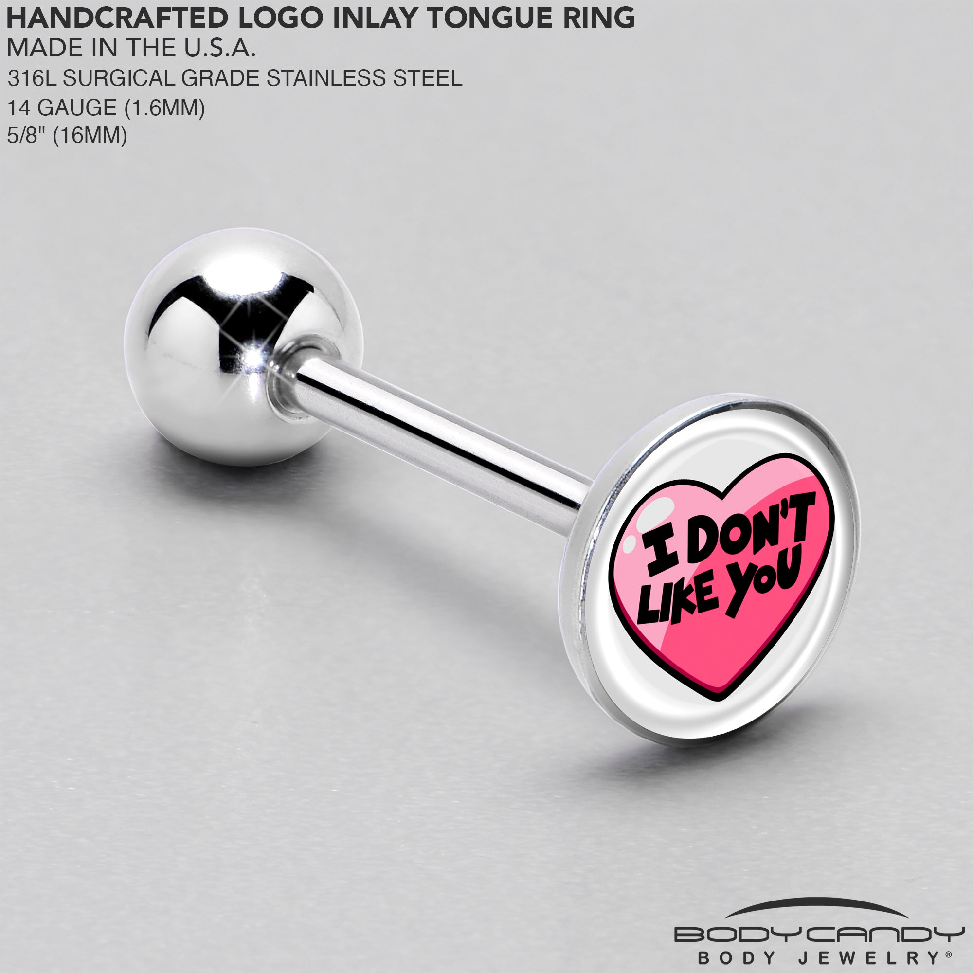 BodyCandy I Don't Like You Valentine Heart Barbell Tongue Ring — side view