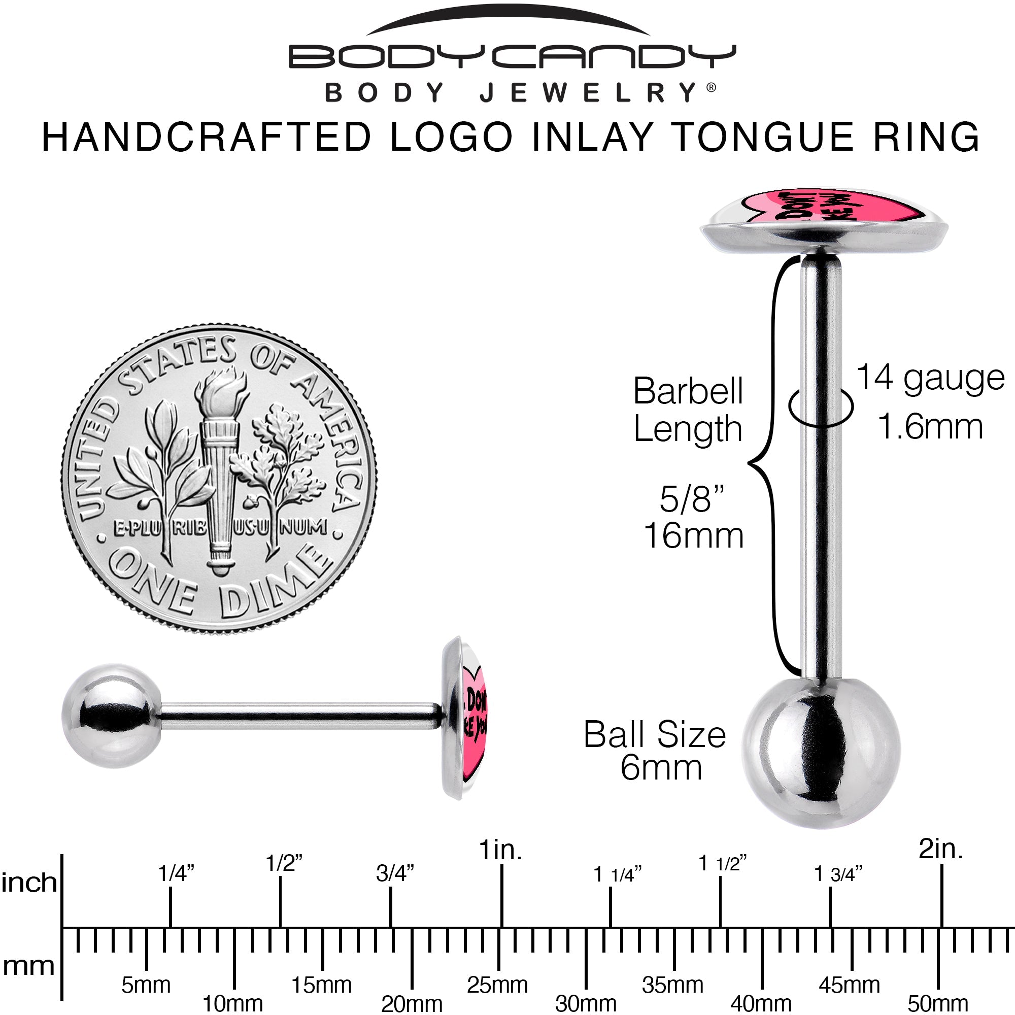 BodyCandy I Don't Like You Valentine Heart Barbell Tongue Ring — back view