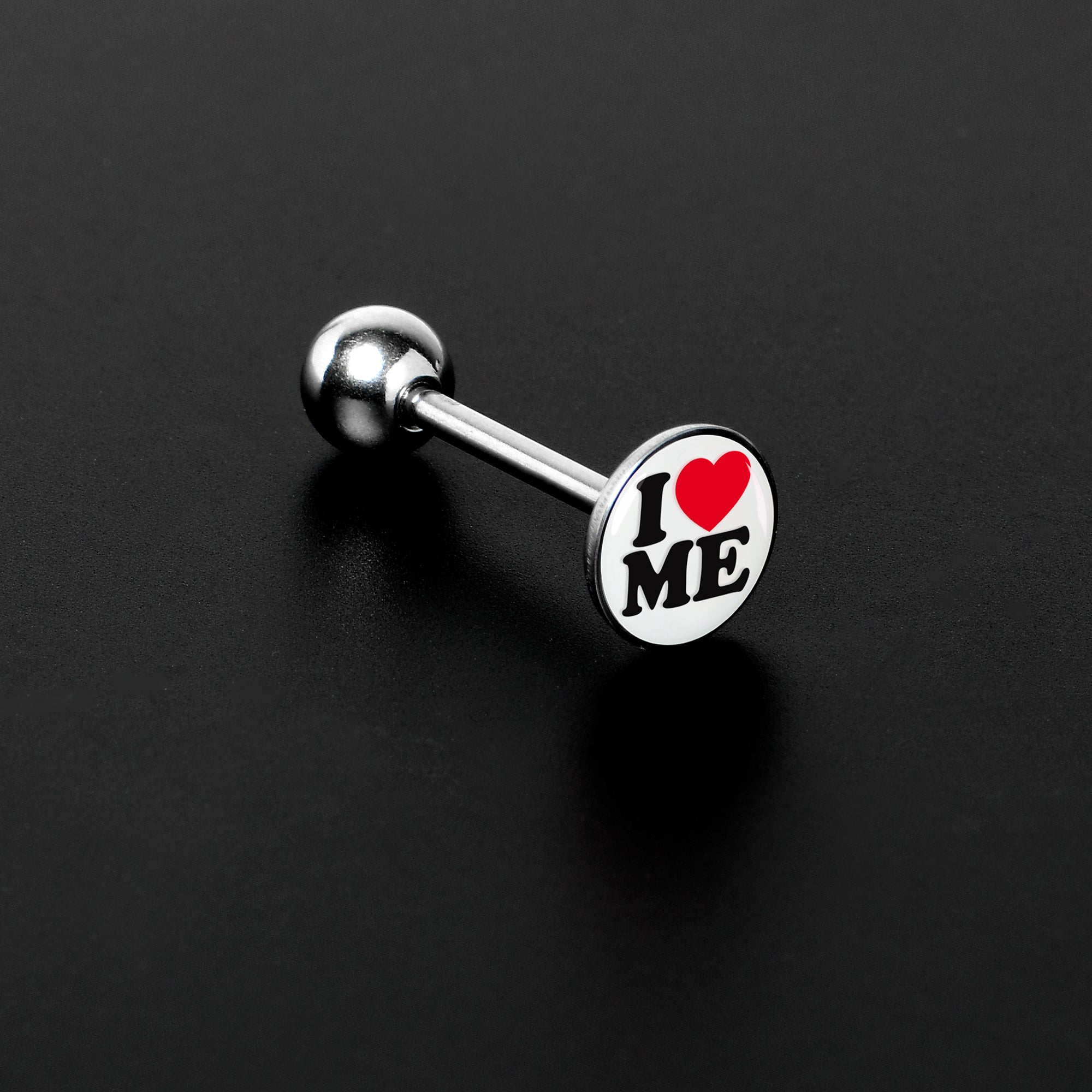 BodyCandy I Love Me Barbell Tongue Ring by Onyx O — detail close-up