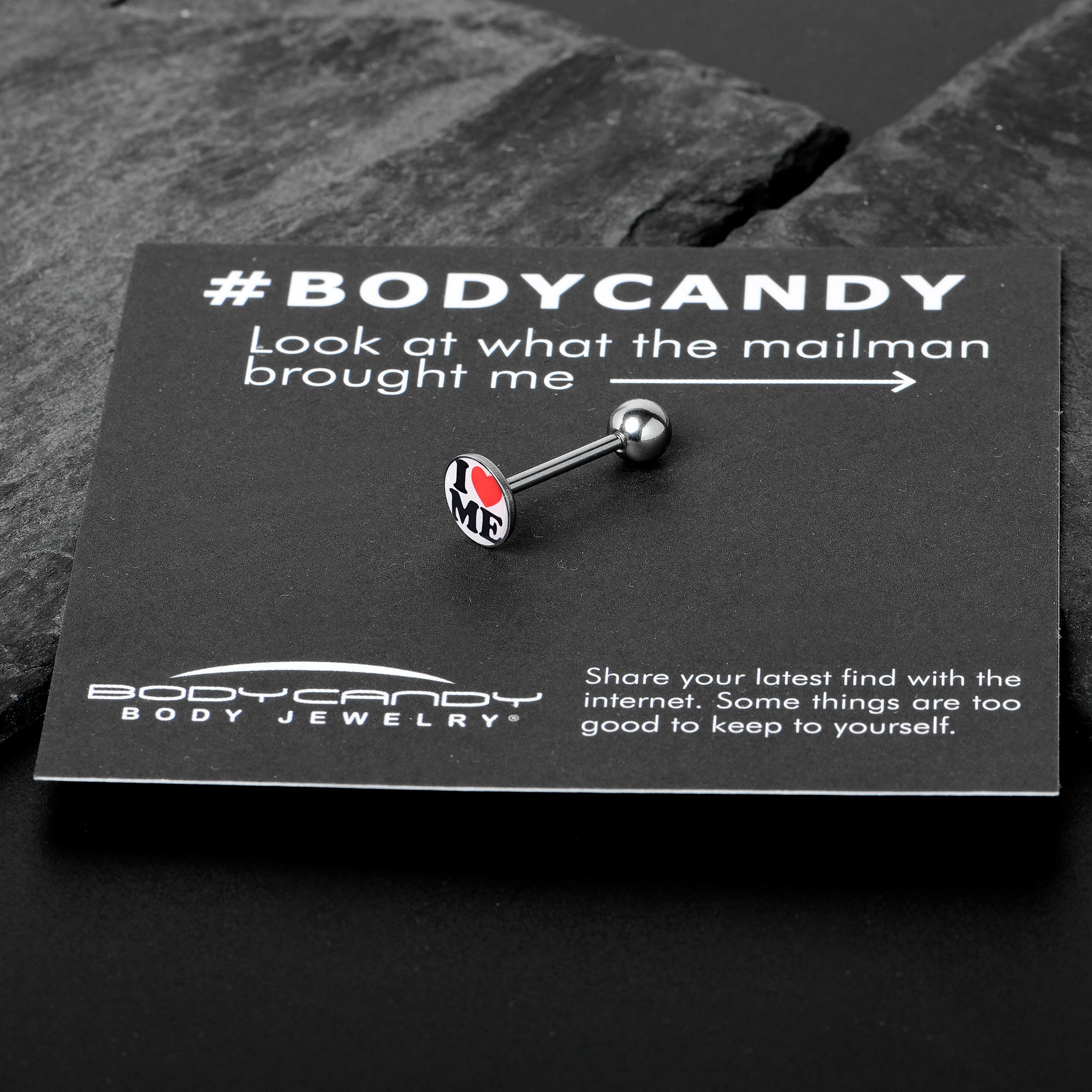 BodyCandy I Love Me Barbell Tongue Ring by Onyx O — in-use photo