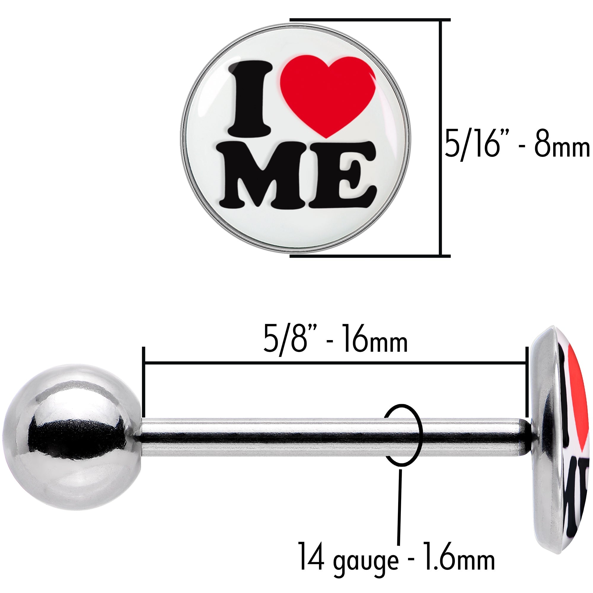 BodyCandy I Love Me Barbell Tongue Ring by Onyx O — size reference