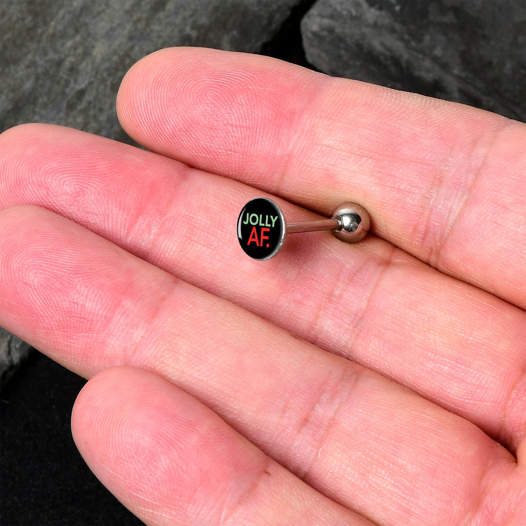BodyCandy Jolly AF Festive Holiday Barbell Tongue Ring by Onyx O — detail close-up