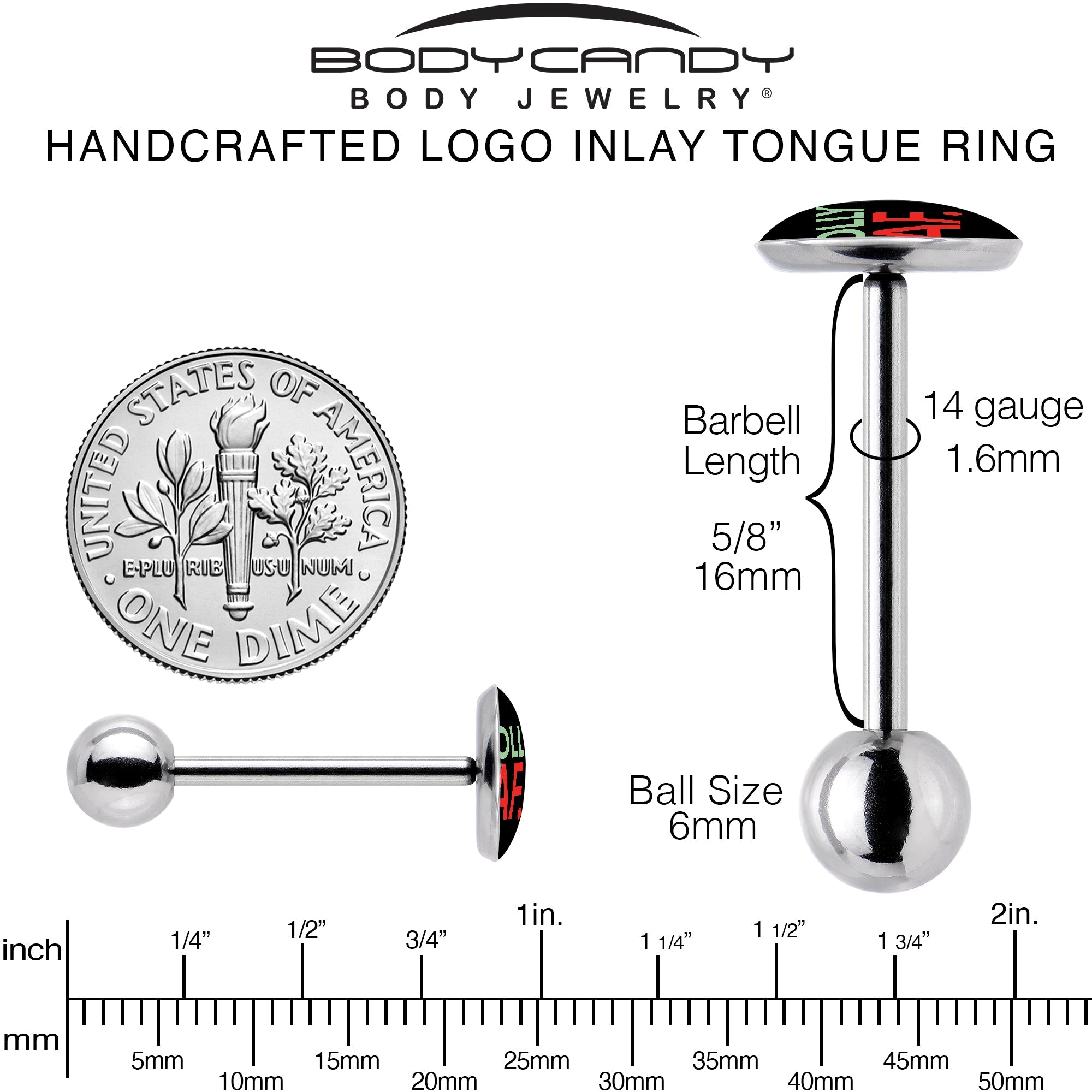 BodyCandy Jolly AF Festive Holiday Barbell Tongue Ring by Onyx O — back view