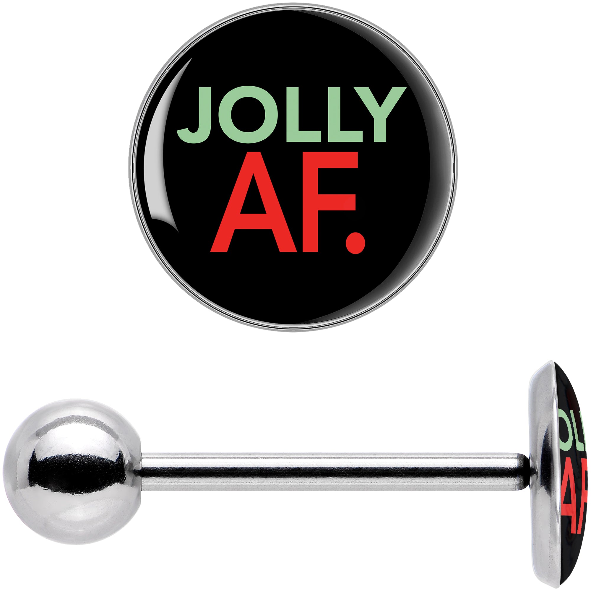 BodyCandy Jolly AF Festive Holiday Barbell Tongue Ring by Onyx O — in-use photo