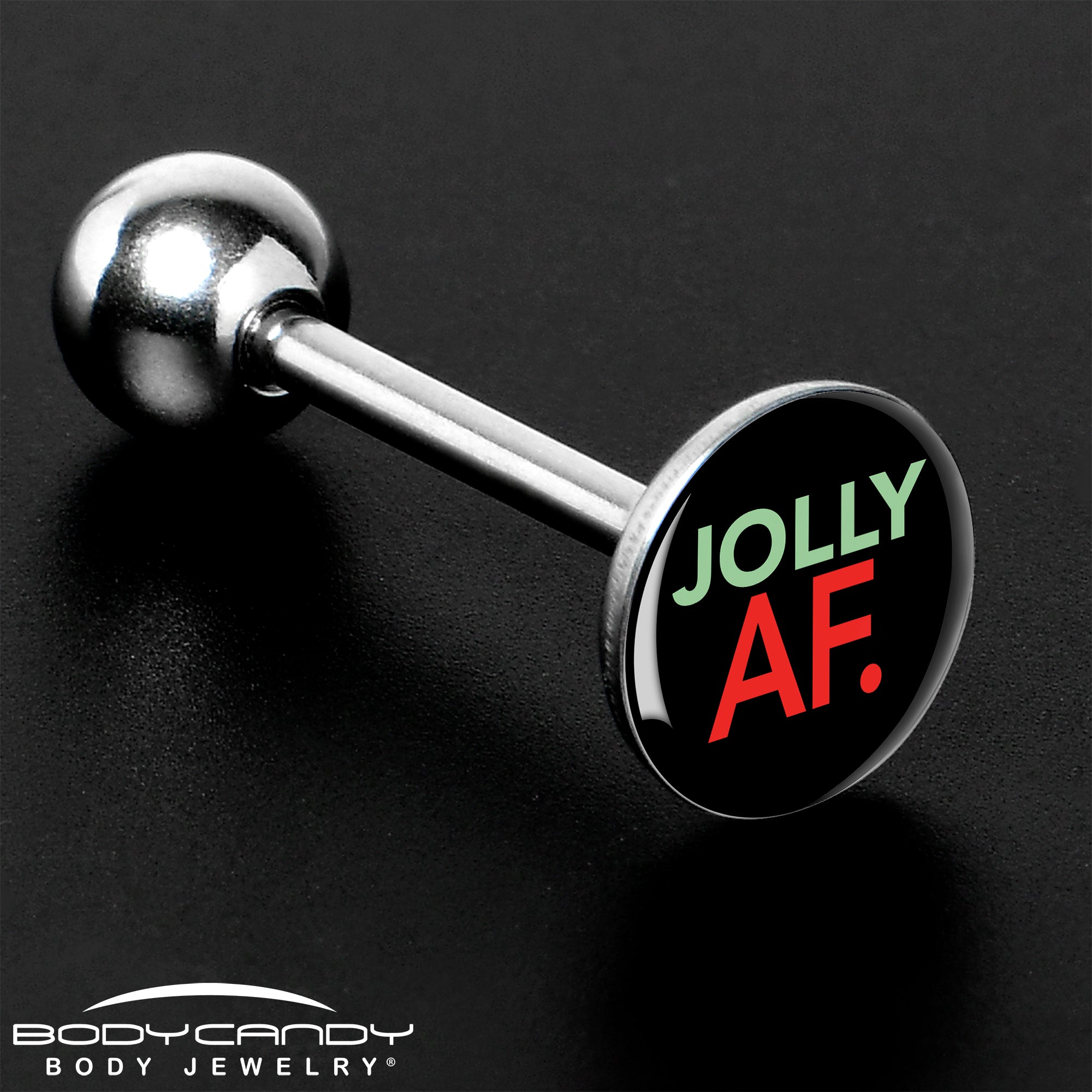 BodyCandy Jolly AF Festive Holiday Barbell Tongue Ring by Onyx O — size reference