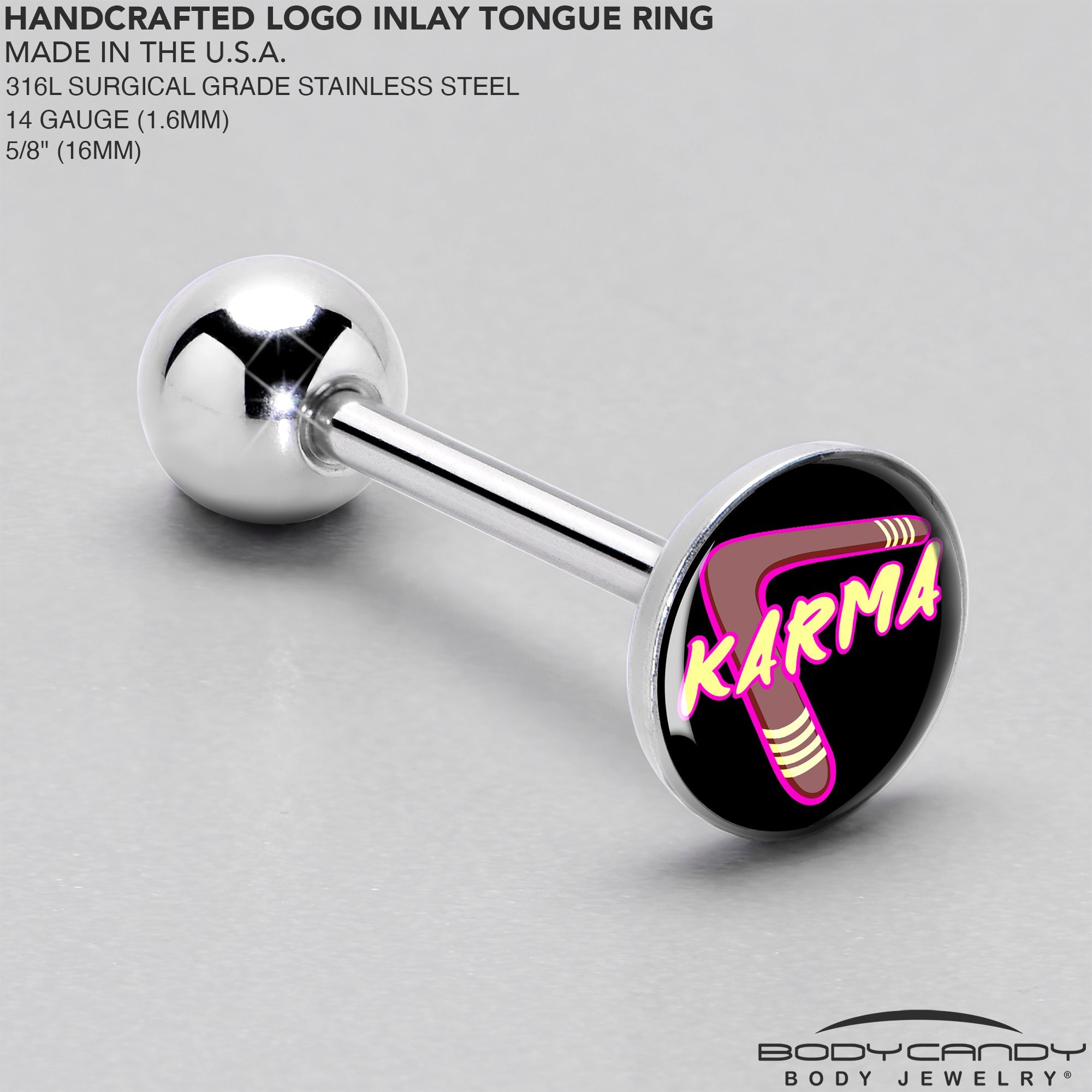 BodyCandy Karmic Boomerang Barbell Tongue Ring by Onyx O — side view
