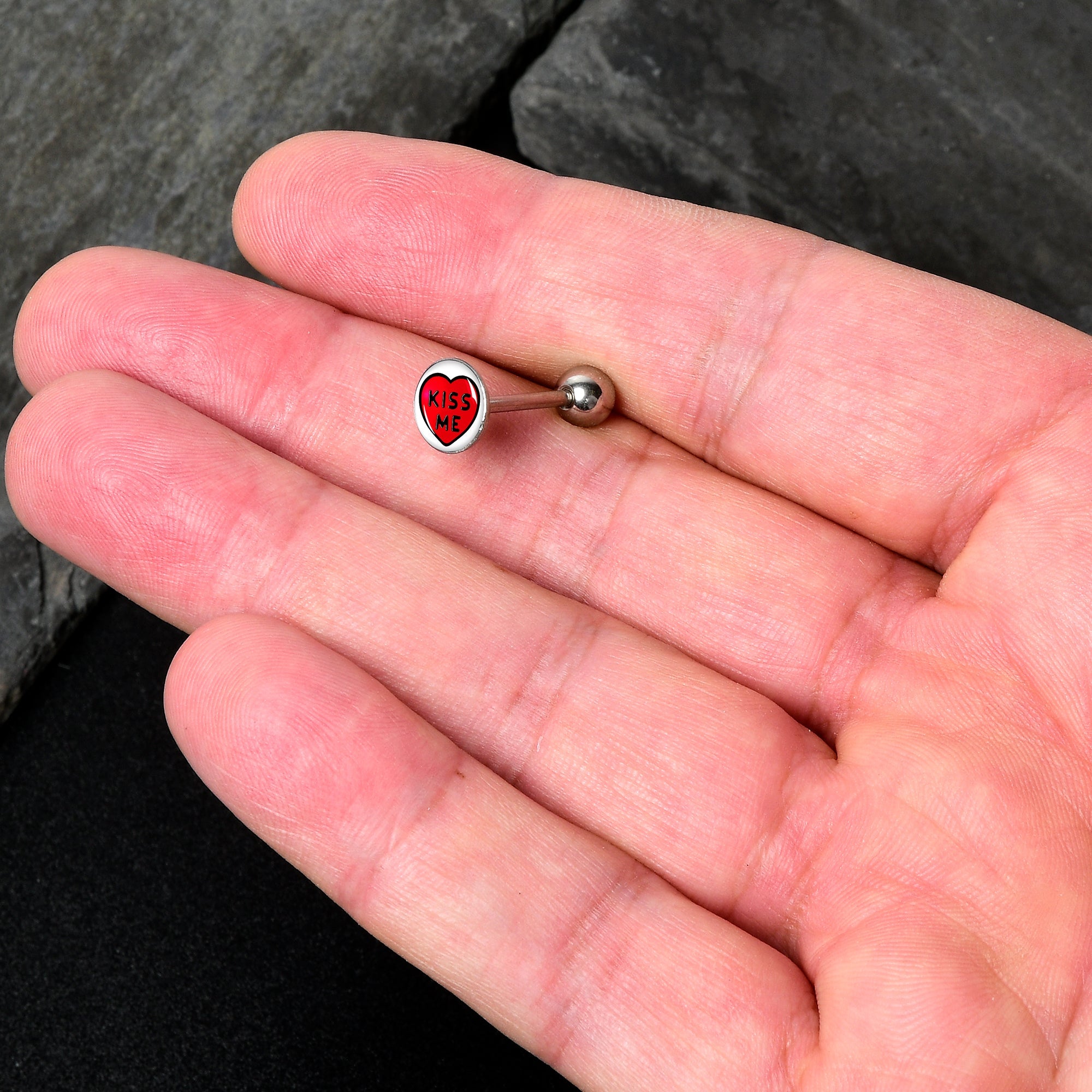 BodyCandy Kiss Me Candy Heart Barbell Tongue Ring by Onyx O — detail close-up