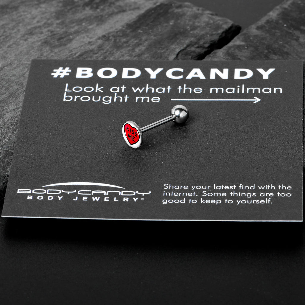 BodyCandy Kiss Me Candy Heart Barbell Tongue Ring by Onyx O — in-use photo