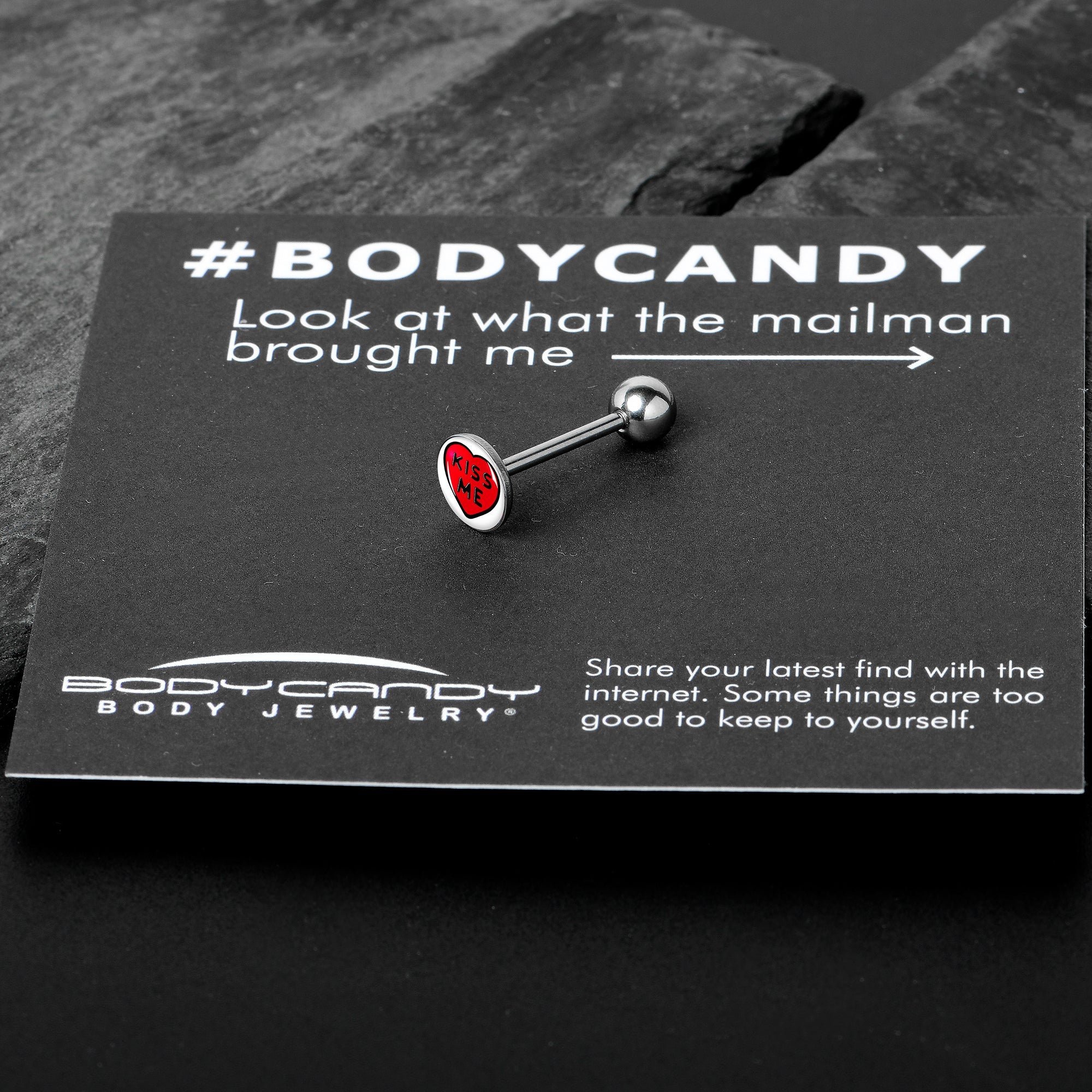 BodyCandy Kiss Me Candy Heart Barbell Tongue Ring by Onyx O — in-use photo