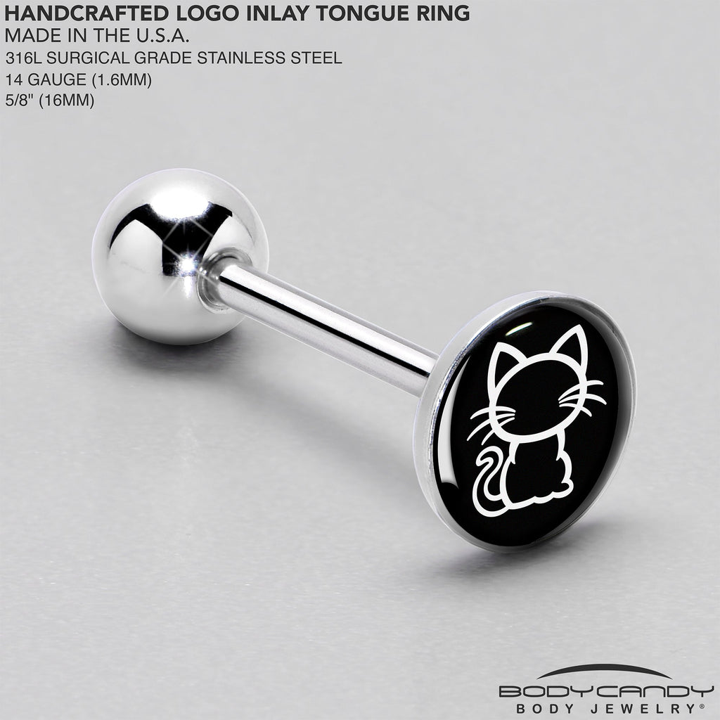 BodyCandy Black and White Kitty Cat Barbell Tongue Ring by Onyx O — side view