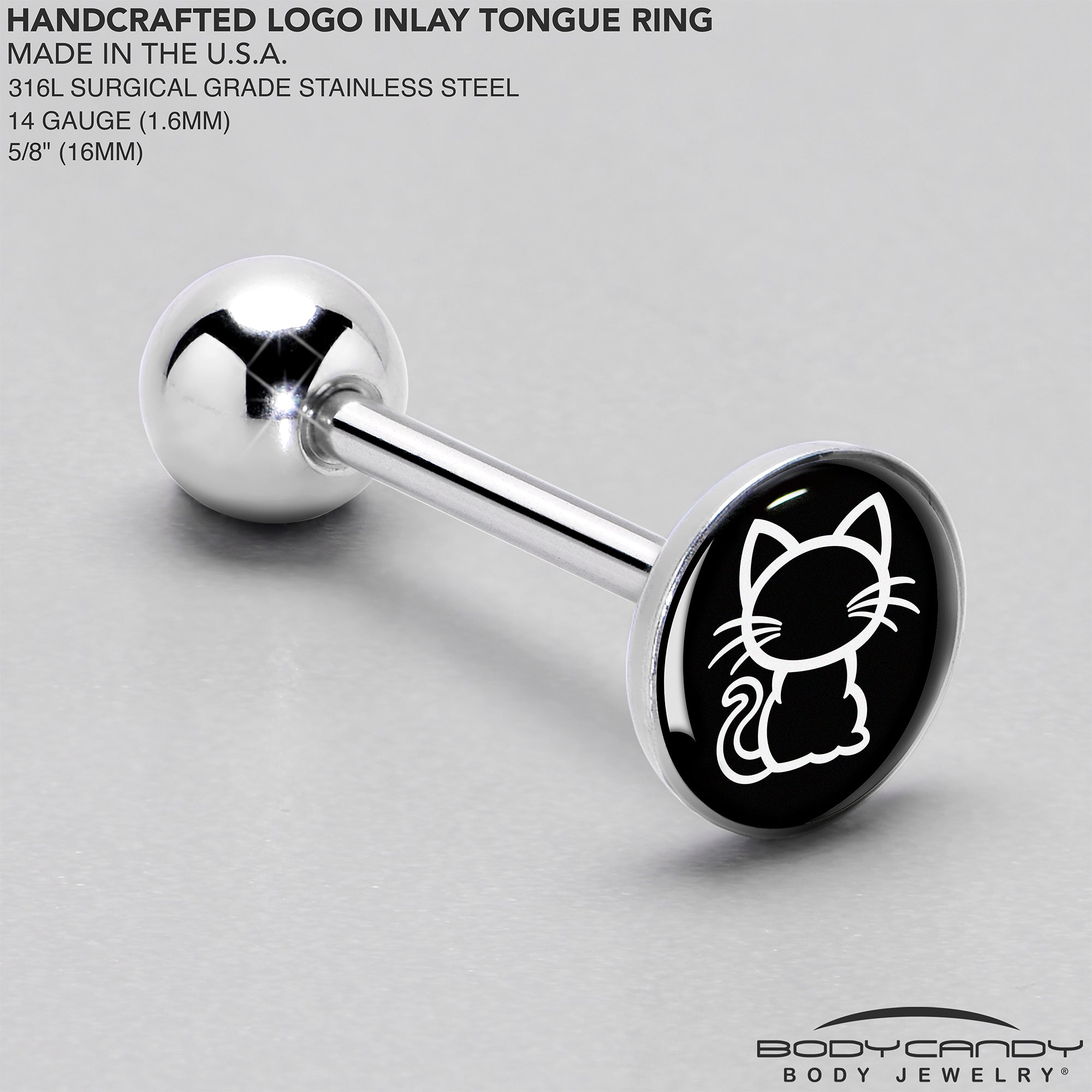 BodyCandy Black and White Kitty Cat Barbell Tongue Ring by Onyx O — side view