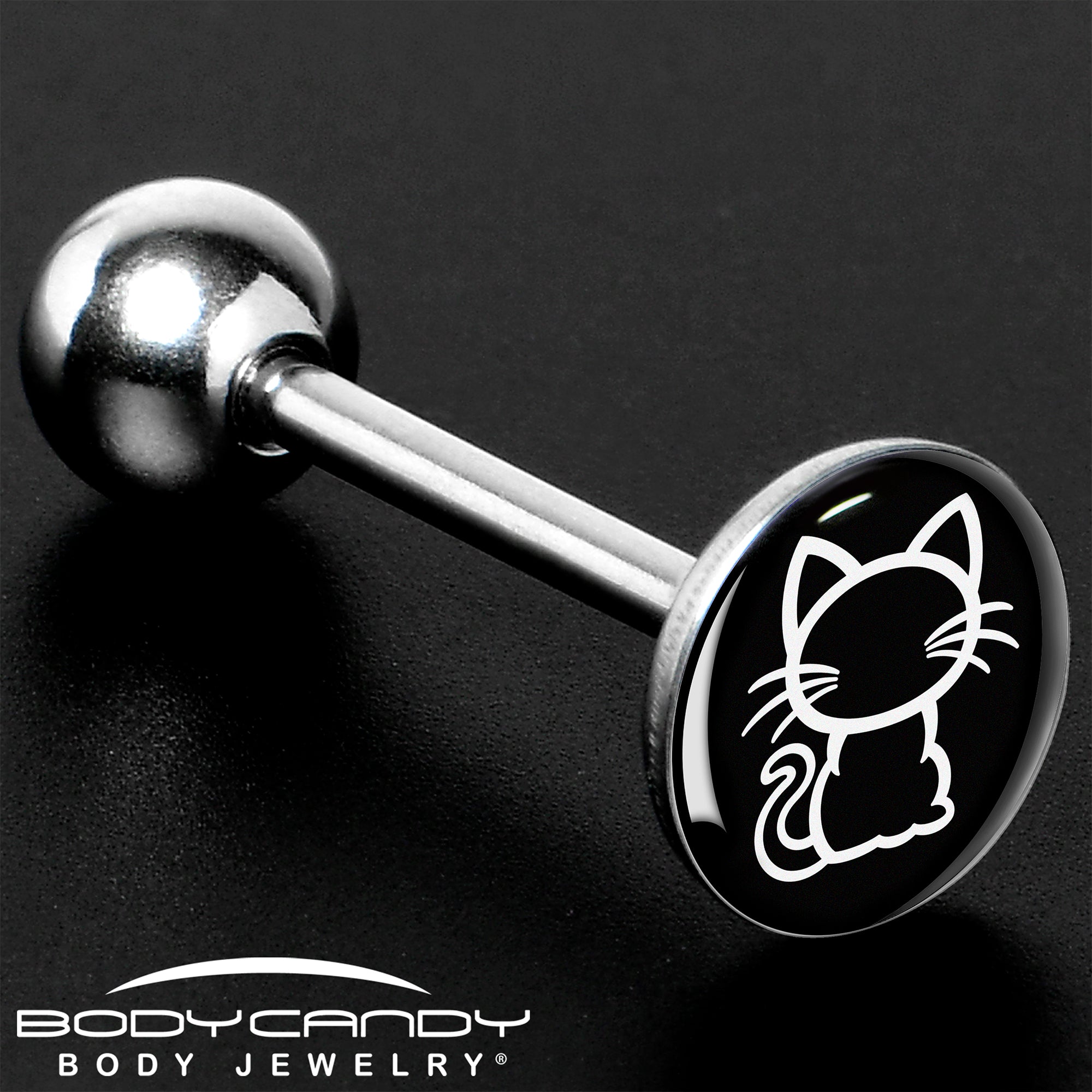BodyCandy Black and White Kitty Cat Barbell Tongue Ring by Onyx O — in-use photo