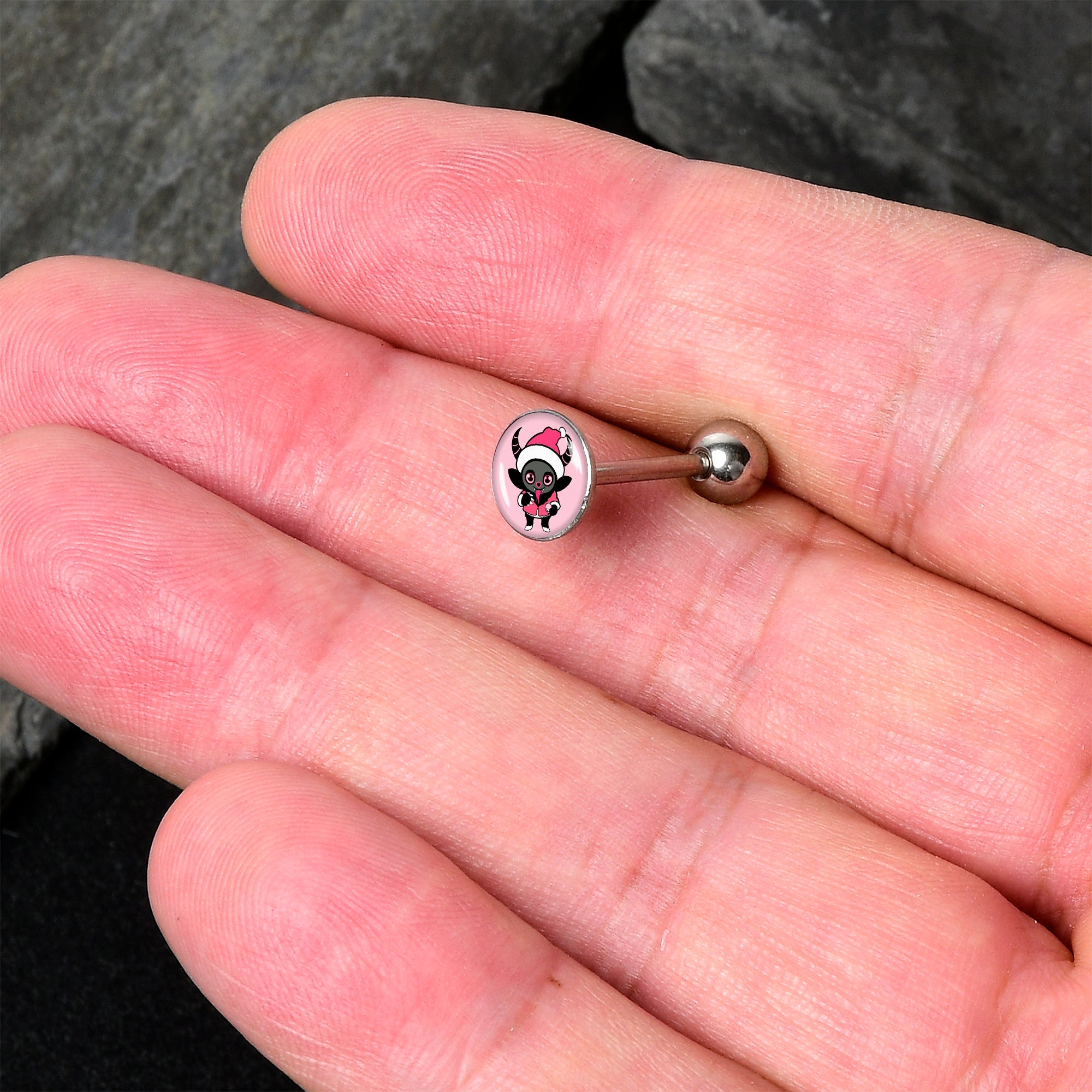 BodyCandy Krampus Cutie Holiday Barbell Tongue Ring by Onyx O — detail close-up