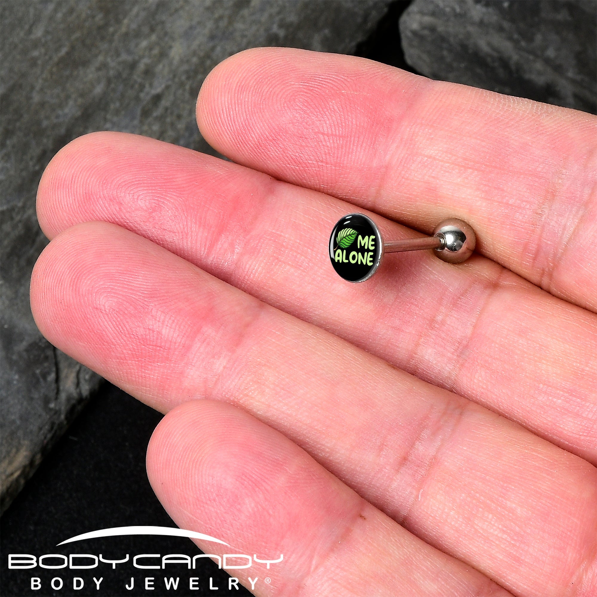 BodyCandy Black Green Leaf Me Alone Barbell Tongue Ring by Onyx O — detail close-up