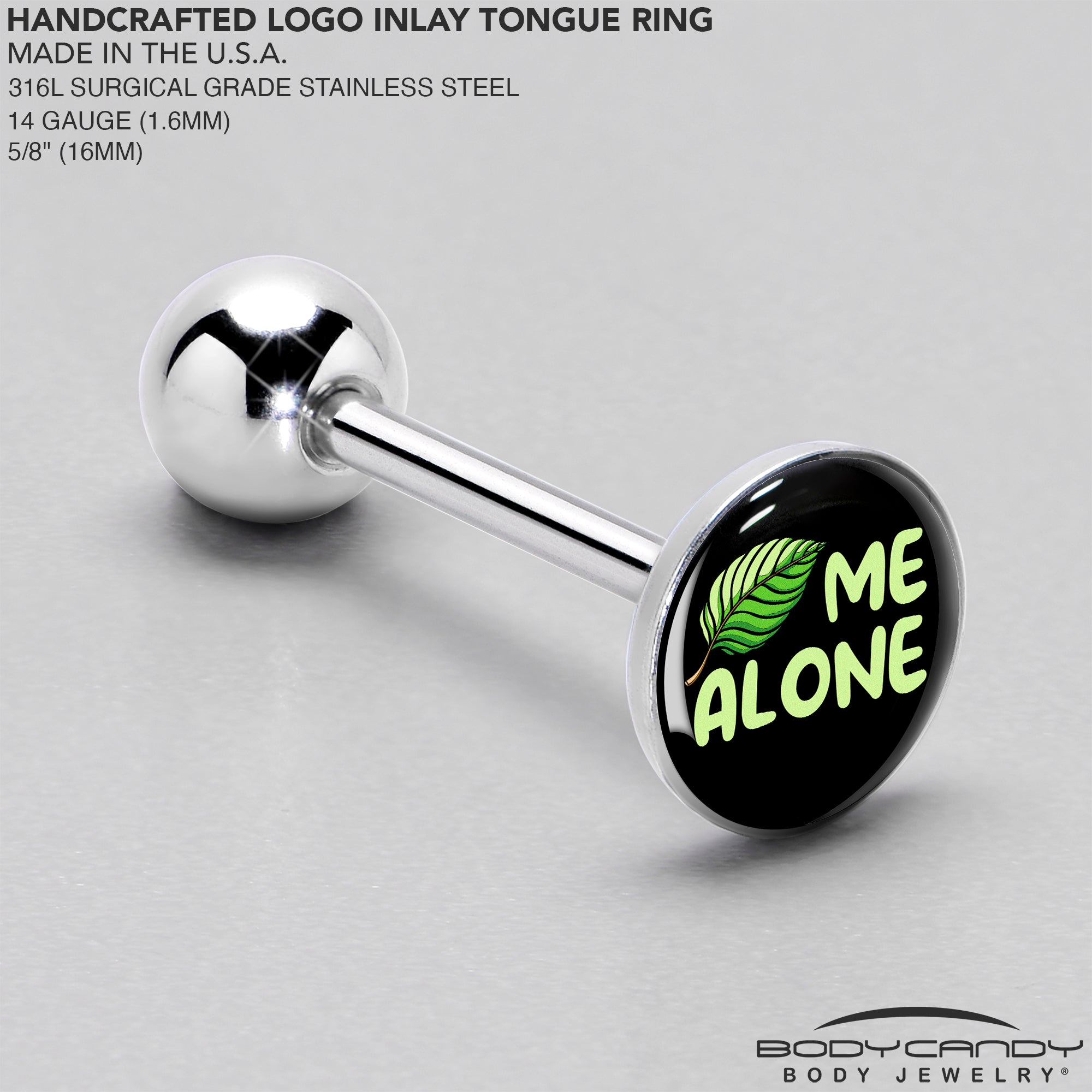 BodyCandy Black Green Leaf Me Alone Barbell Tongue Ring by Onyx O — side view