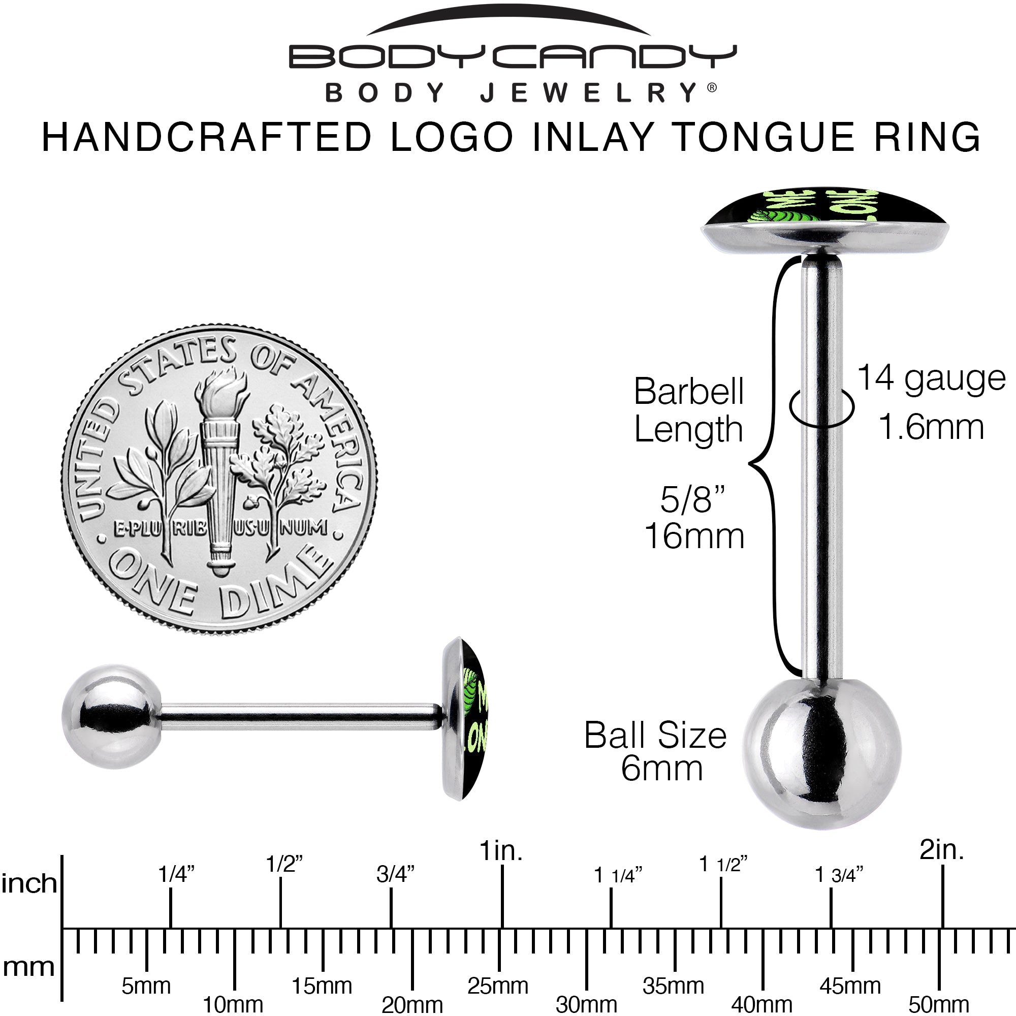BodyCandy Black Green Leaf Me Alone Barbell Tongue Ring by Onyx O — back view