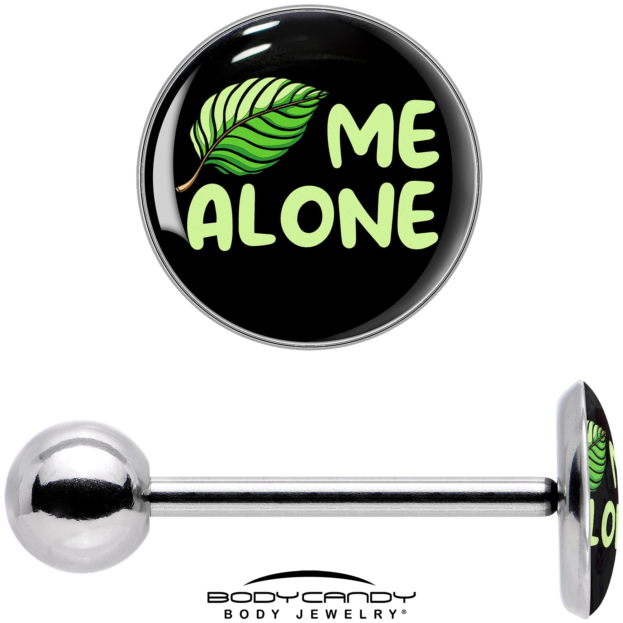 BodyCandy Black Green Leaf Me Alone Barbell Tongue Ring by Onyx O — in-use photo