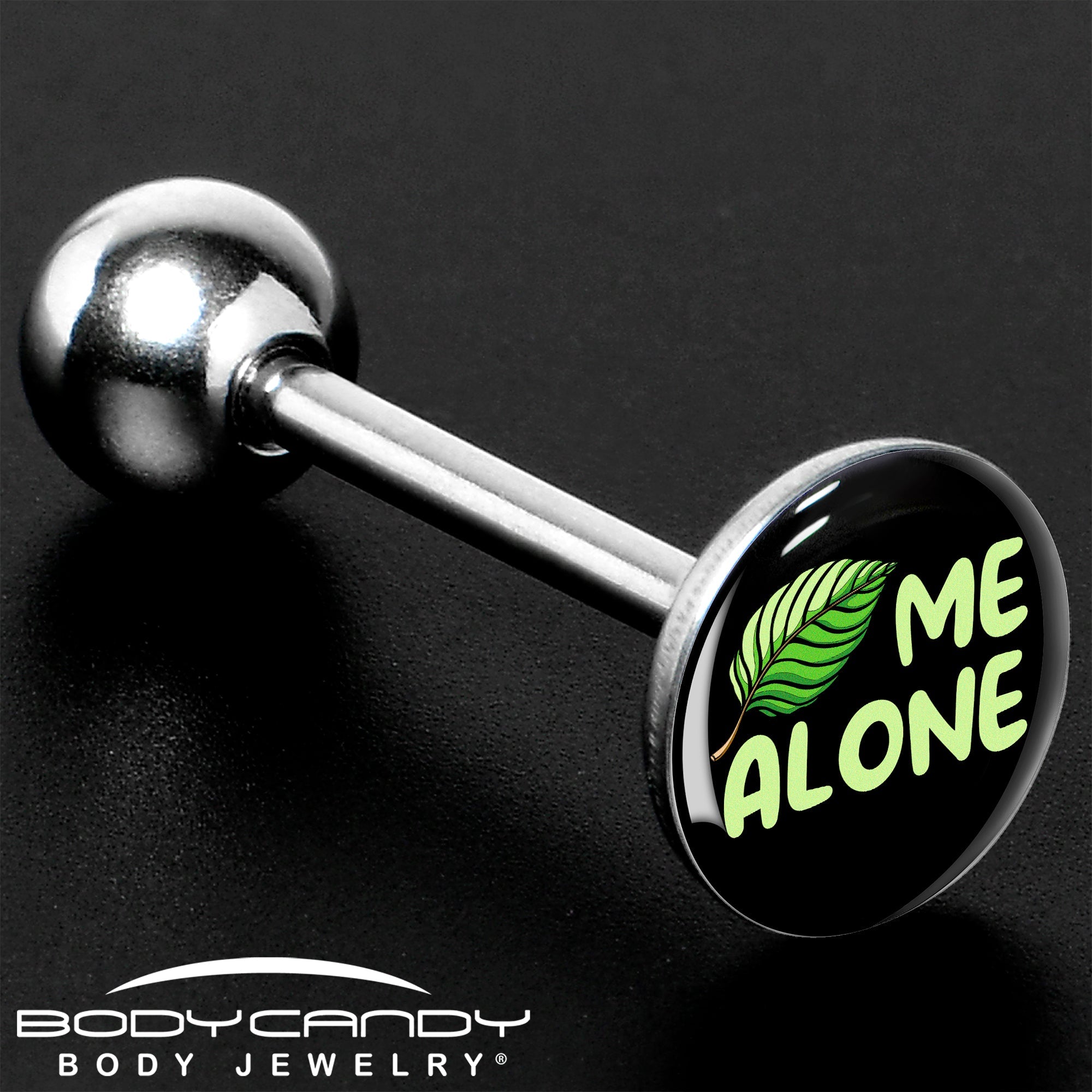 BodyCandy Black Green Leaf Me Alone Barbell Tongue Ring by Onyx O — size reference