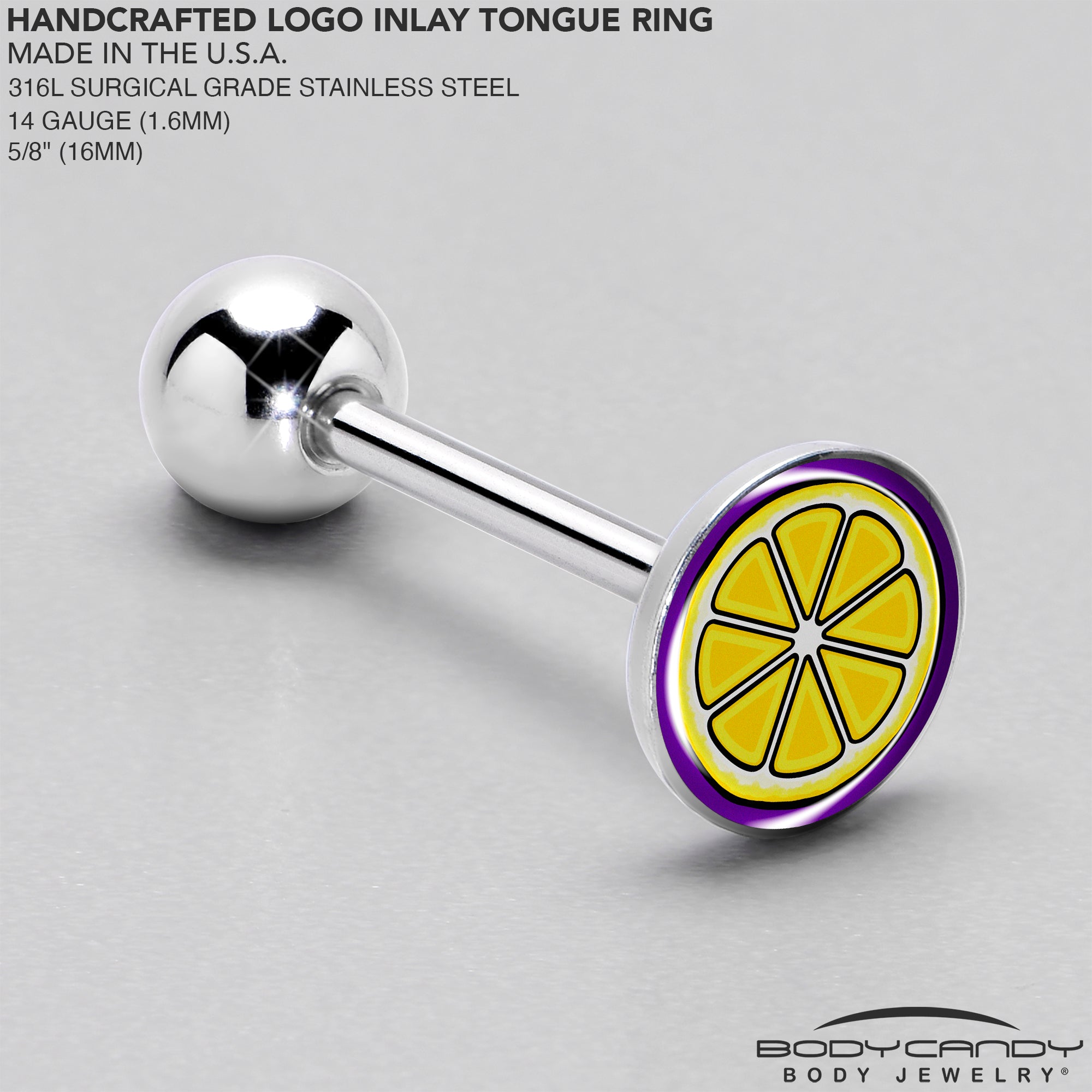 BodyCandy Yellow Slice of Lemon Barbell Tongue Ring by Onyx O — side view
