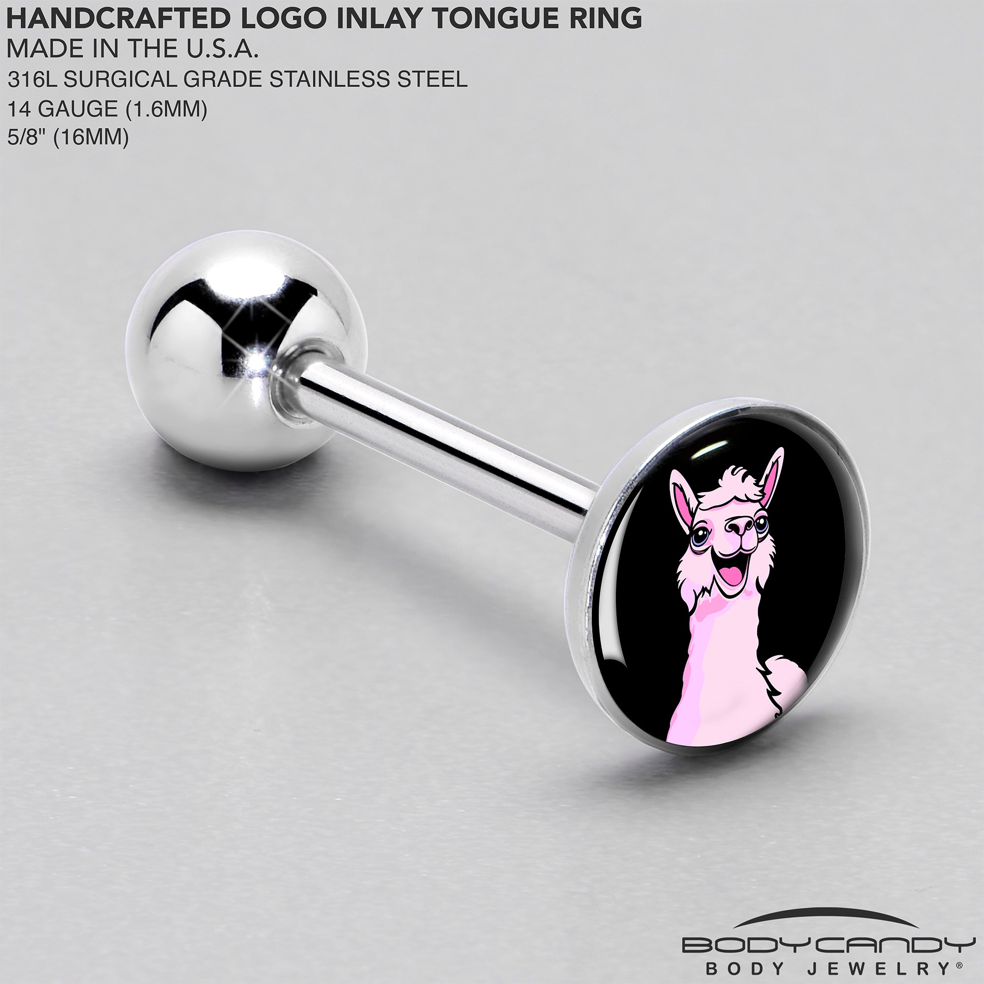BodyCandy Pink Happy Llama Barbell Tongue Ring by Onyx O — side view