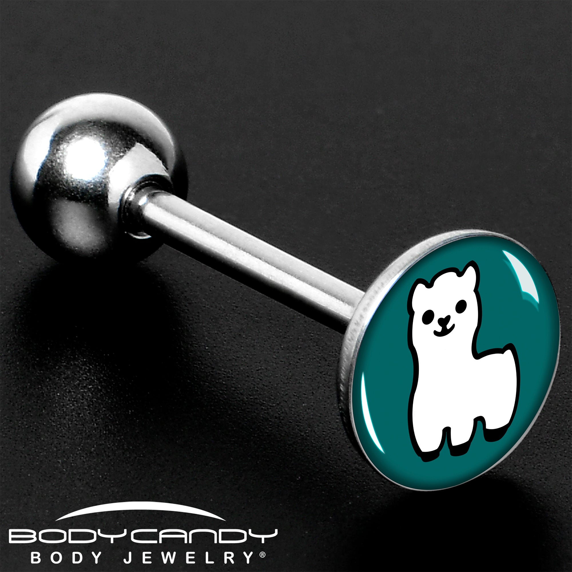 BodyCandy White Llama Barbell Tongue Ring by Onyx O — in-use photo