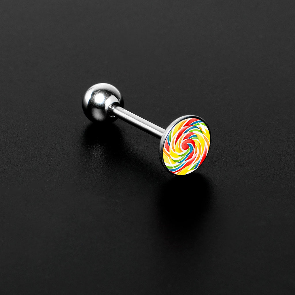 BodyCandy Rainbow Swirl Lollipop Barbell Tongue Ring by Onyx O — side view