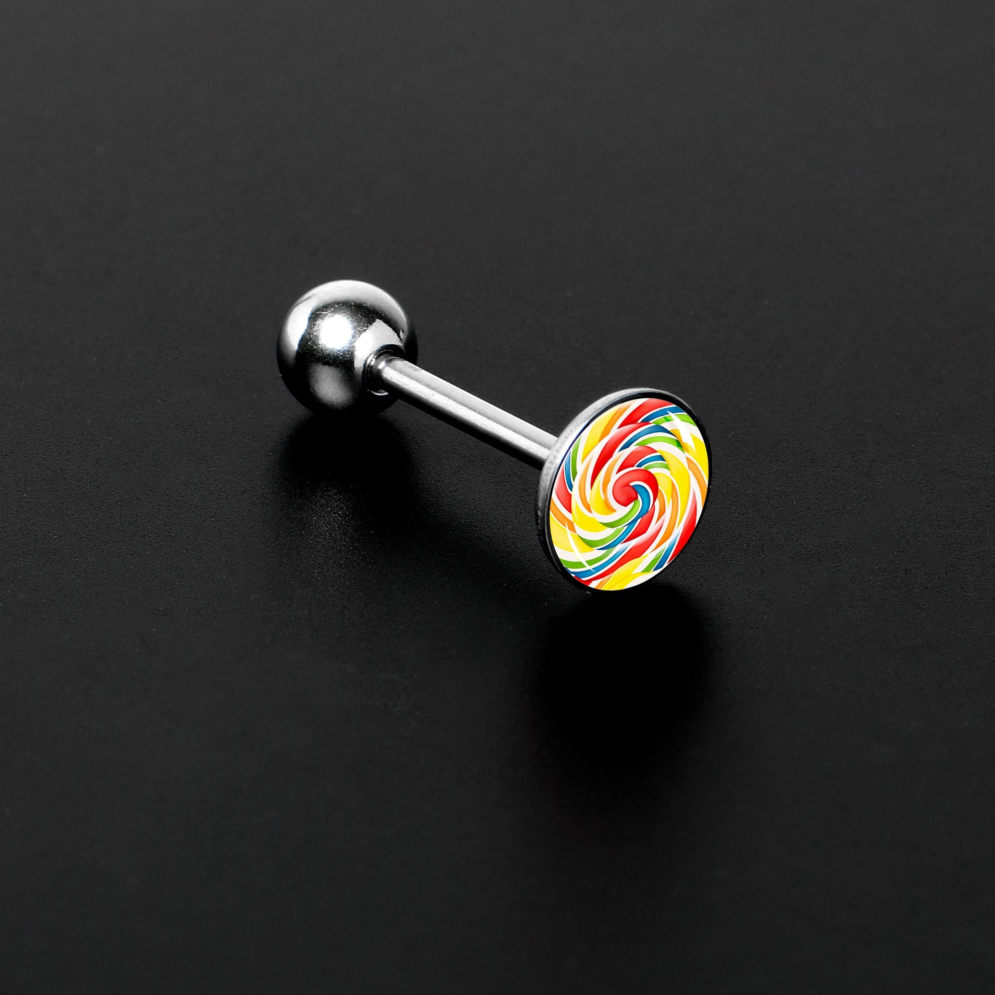BodyCandy Rainbow Swirl Lollipop Barbell Tongue Ring by Onyx O — side view