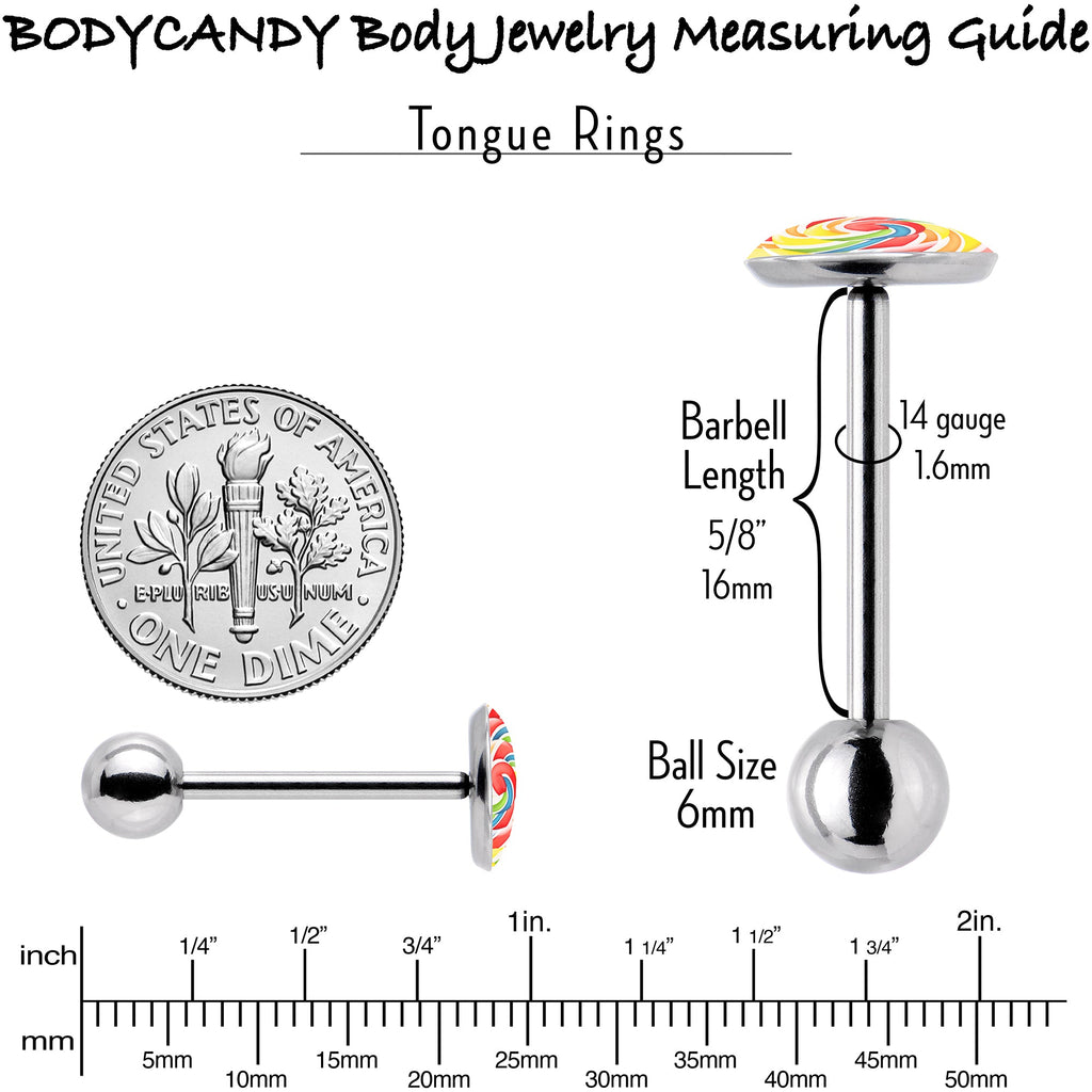 BodyCandy Rainbow Swirl Lollipop Barbell Tongue Ring by Onyx O — back view