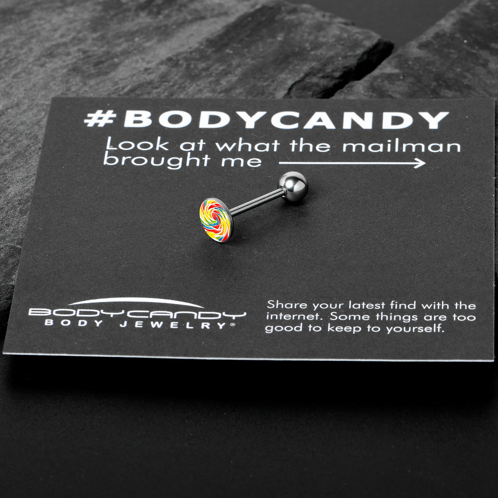 BodyCandy Rainbow Swirl Lollipop Barbell Tongue Ring by Onyx O — in-use photo