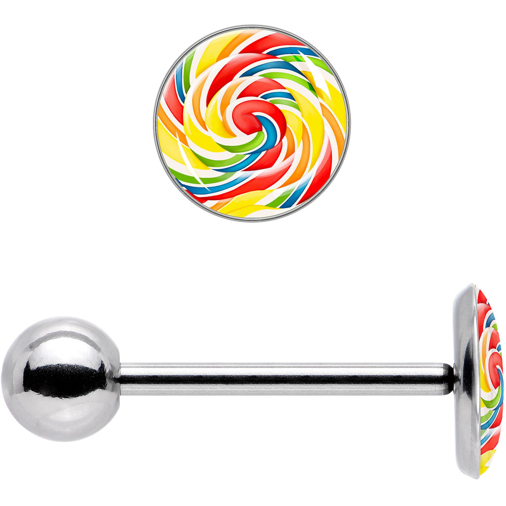 BodyCandy Rainbow Swirl Lollipop Barbell Tongue Ring by Onyx O — size reference