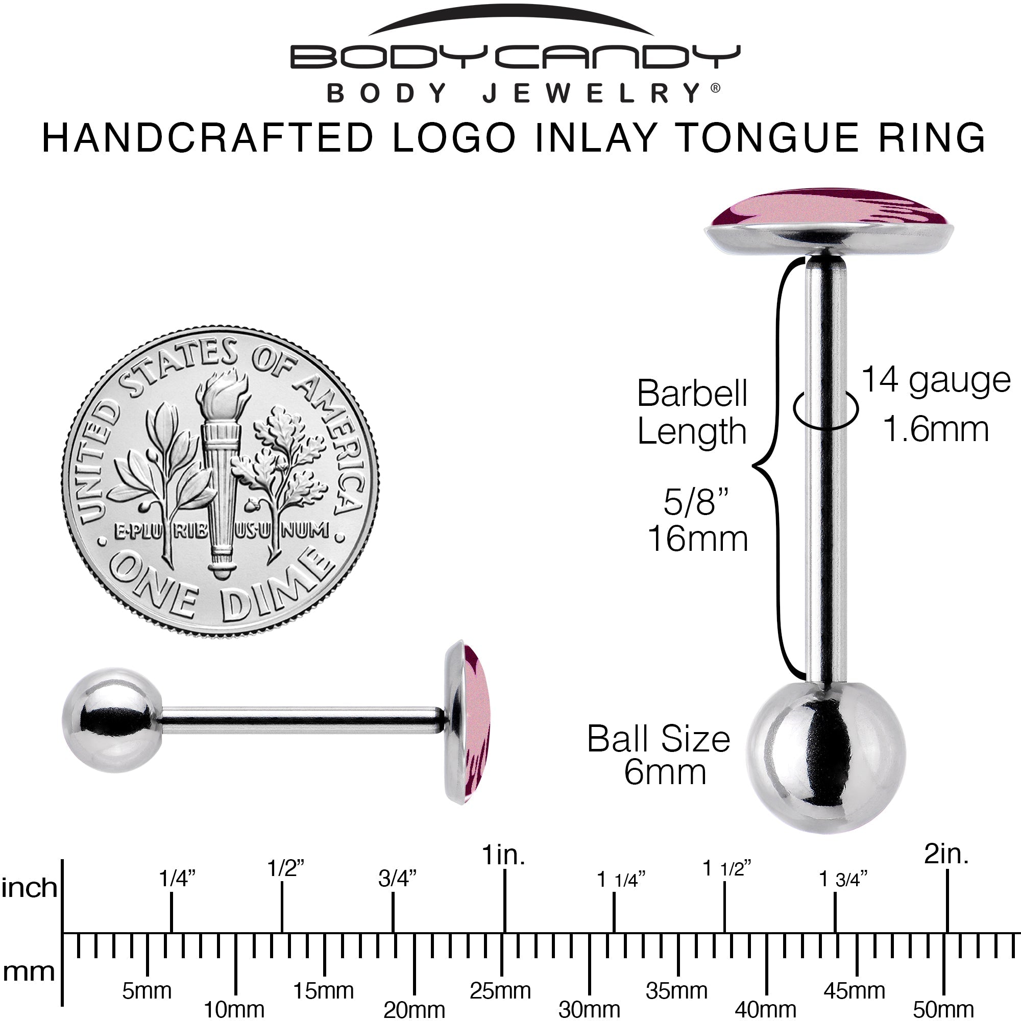 BodyCandy Pinkish Melting Heart Barbell Tongue Ring by Onyx O — back view