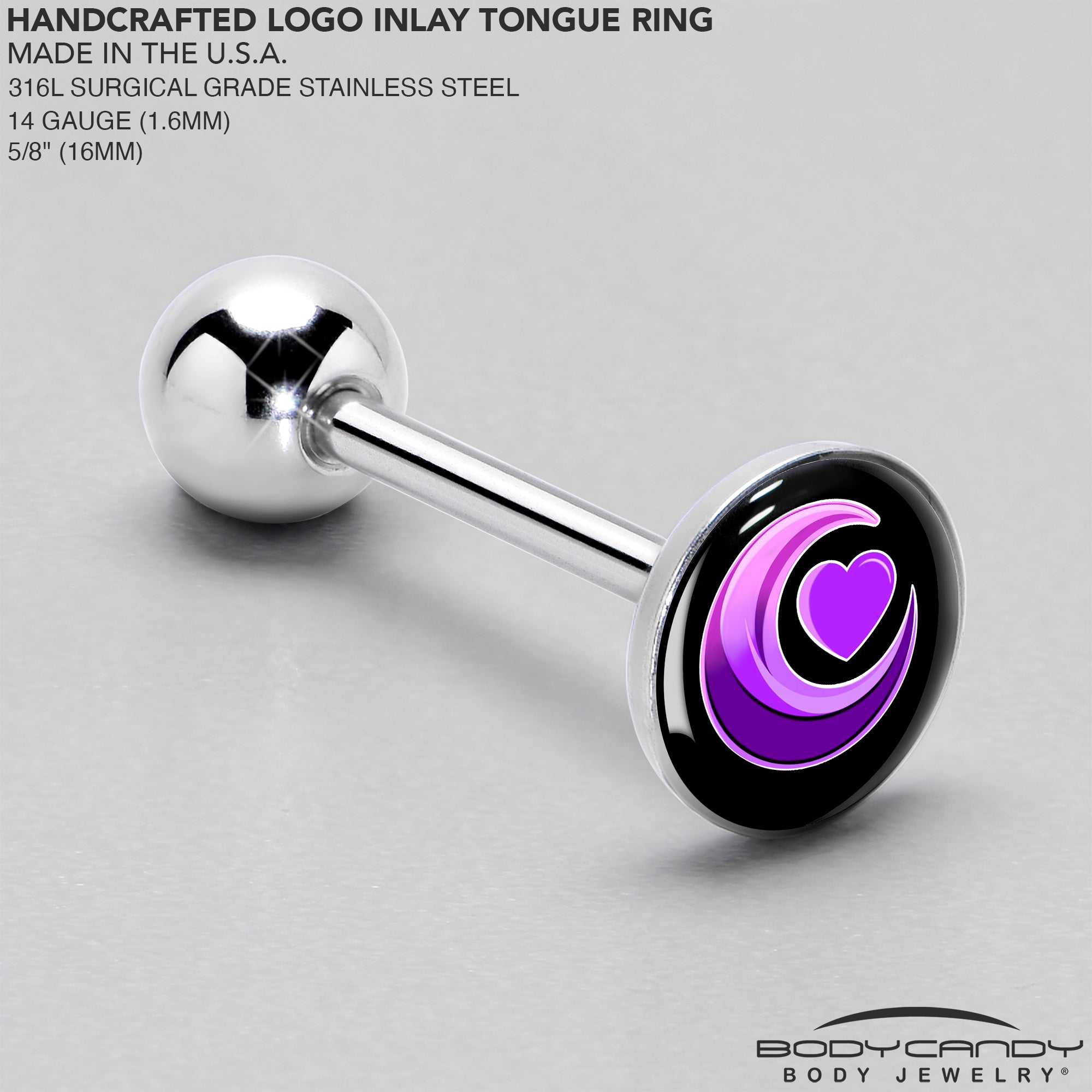BodyCandy Crescent Moon Heart Barbell Tongue Ring by Onyx O — side view