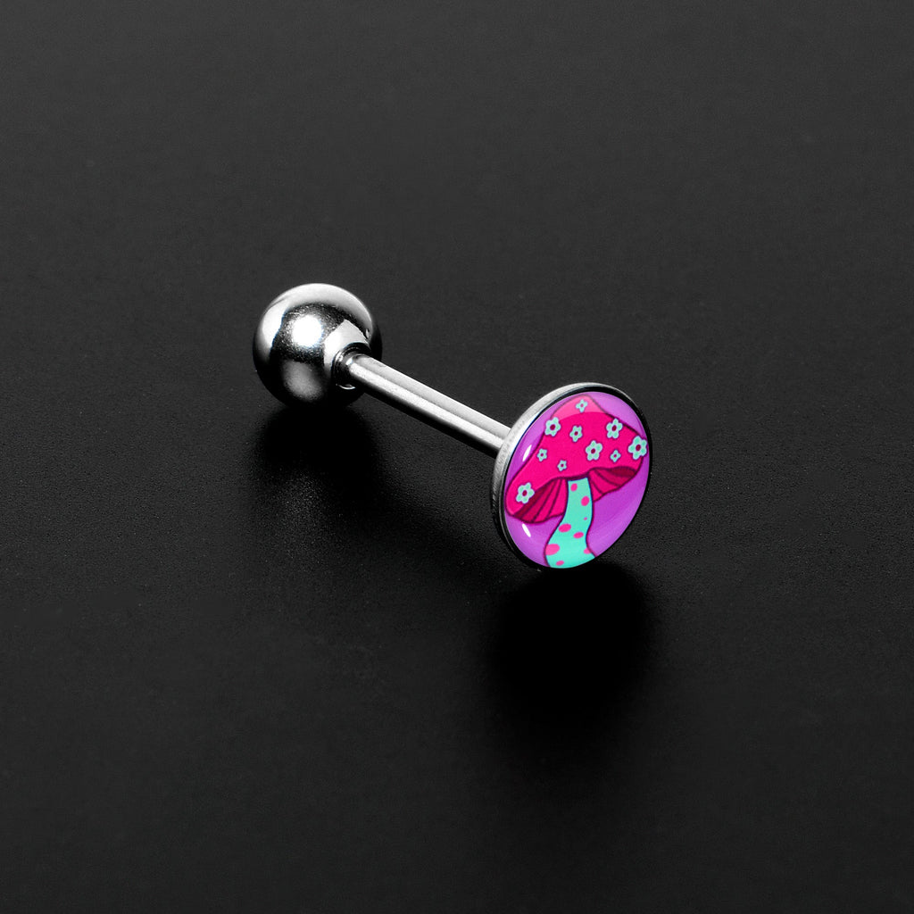 BodyCandy Funky Floral Mushroom Barbell Tongue Ring by Onyx O — detail close-up