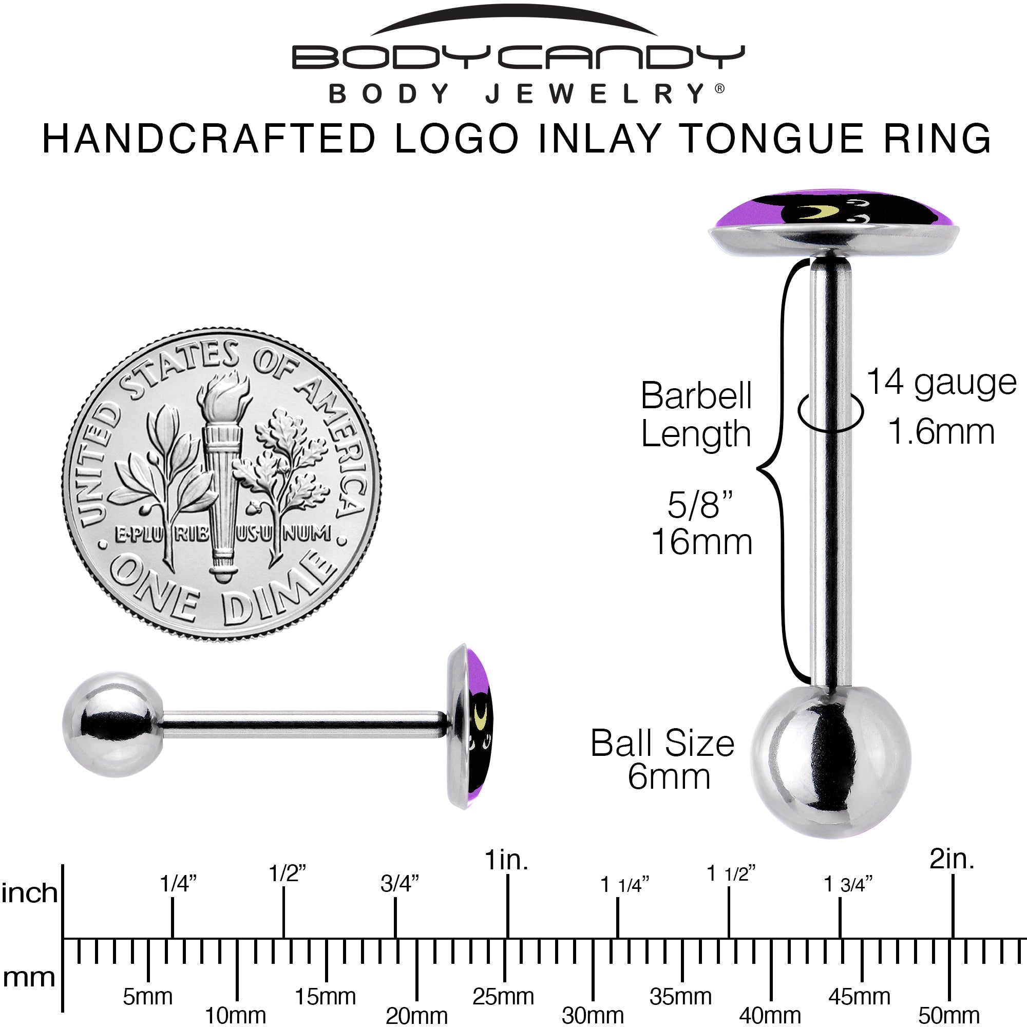 BodyCandy Black Mystic Kitty Cat Barbell Tongue Ring by Onyx O — back view
