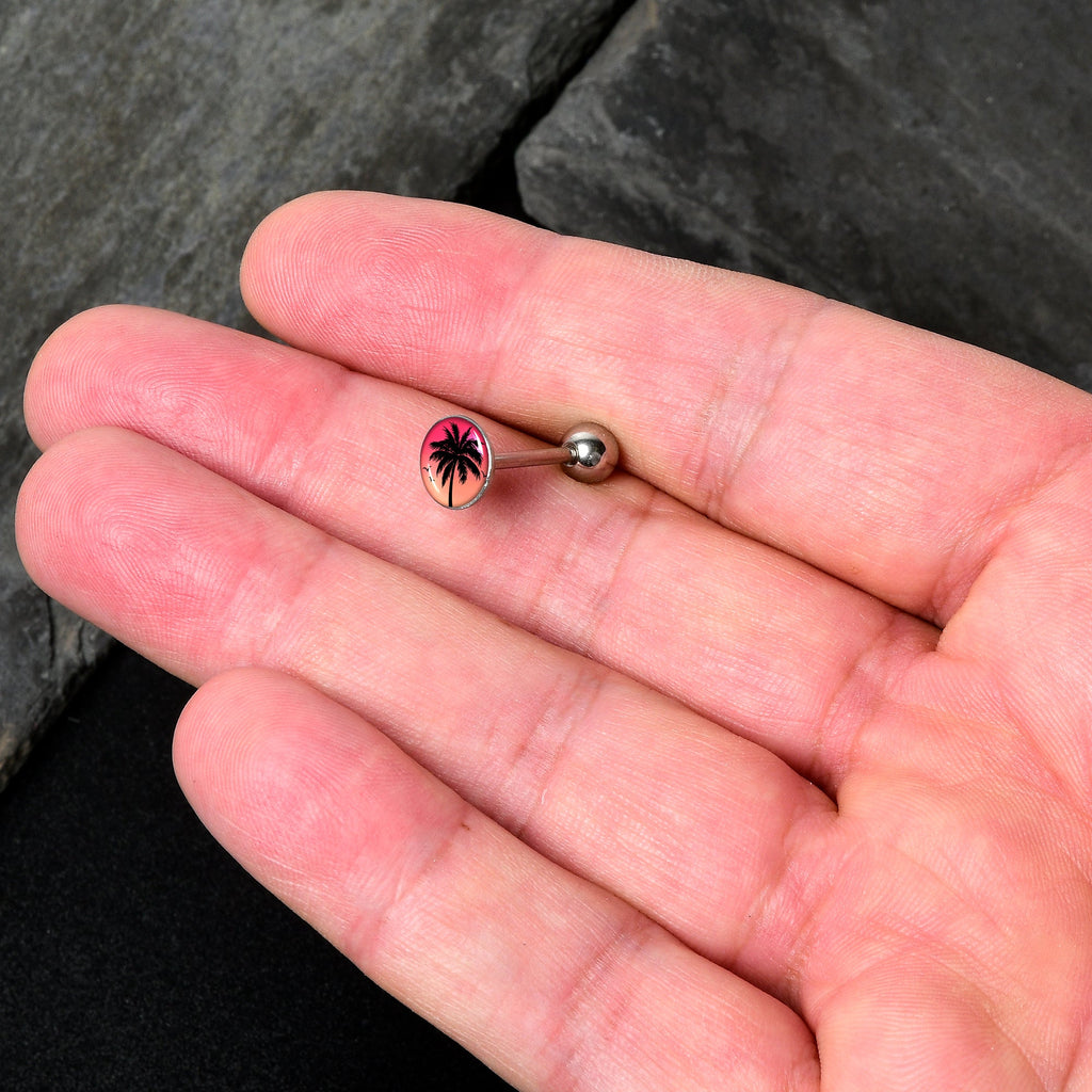 BodyCandy Red Sunset Palm Tree Barbell Tongue Ring by Onyx O — detail close-up