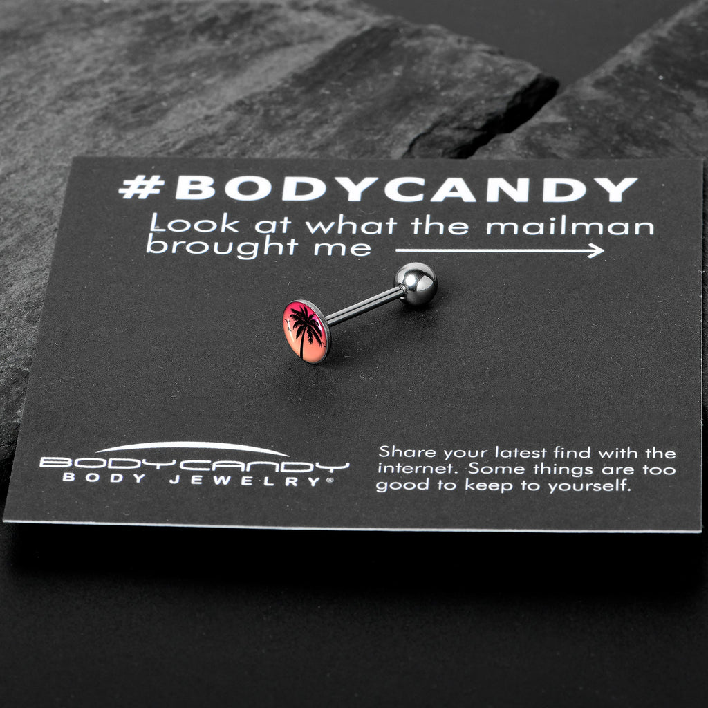 BodyCandy Red Sunset Palm Tree Barbell Tongue Ring by Onyx O — in-use photo