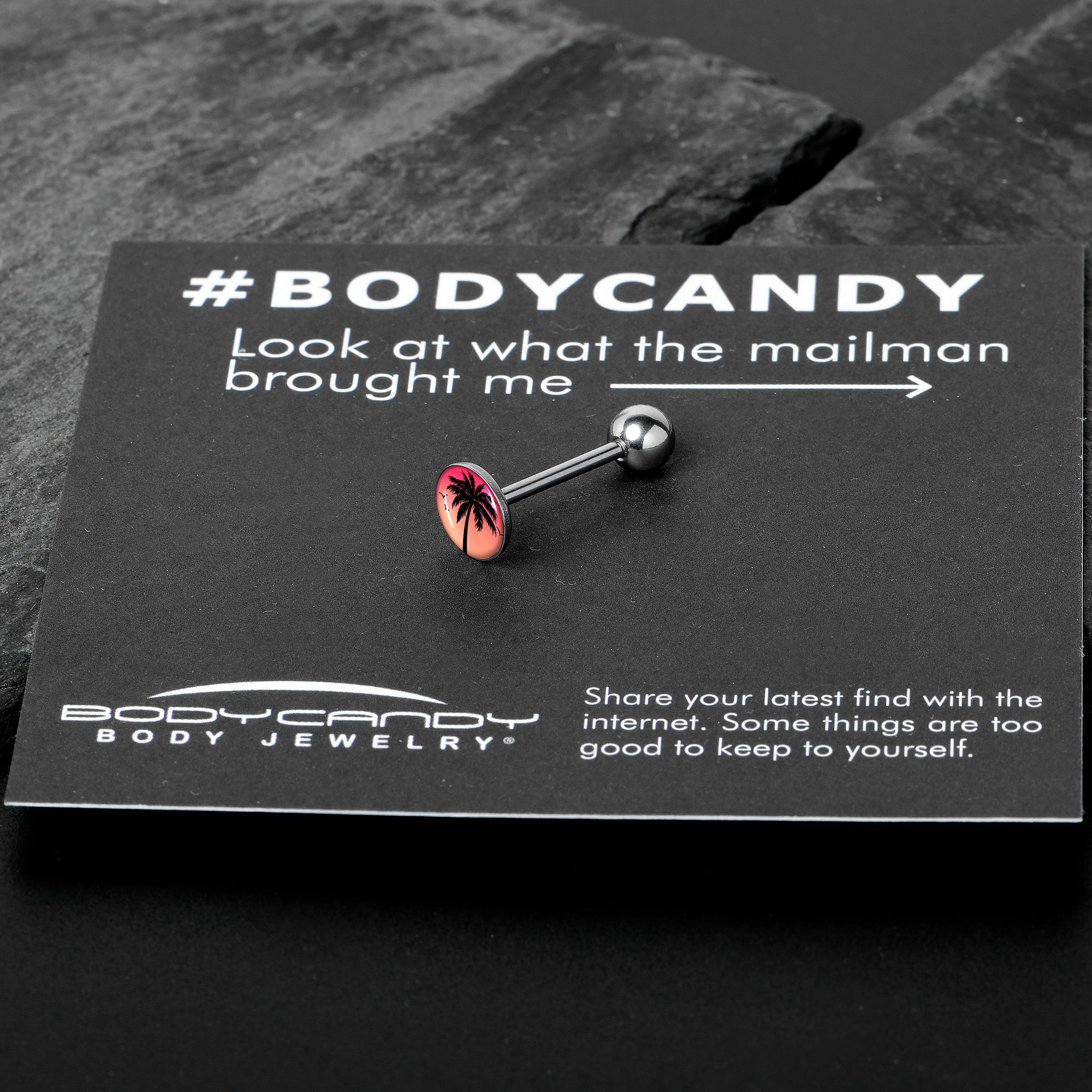 BodyCandy Red Sunset Palm Tree Barbell Tongue Ring by Onyx O — in-use photo