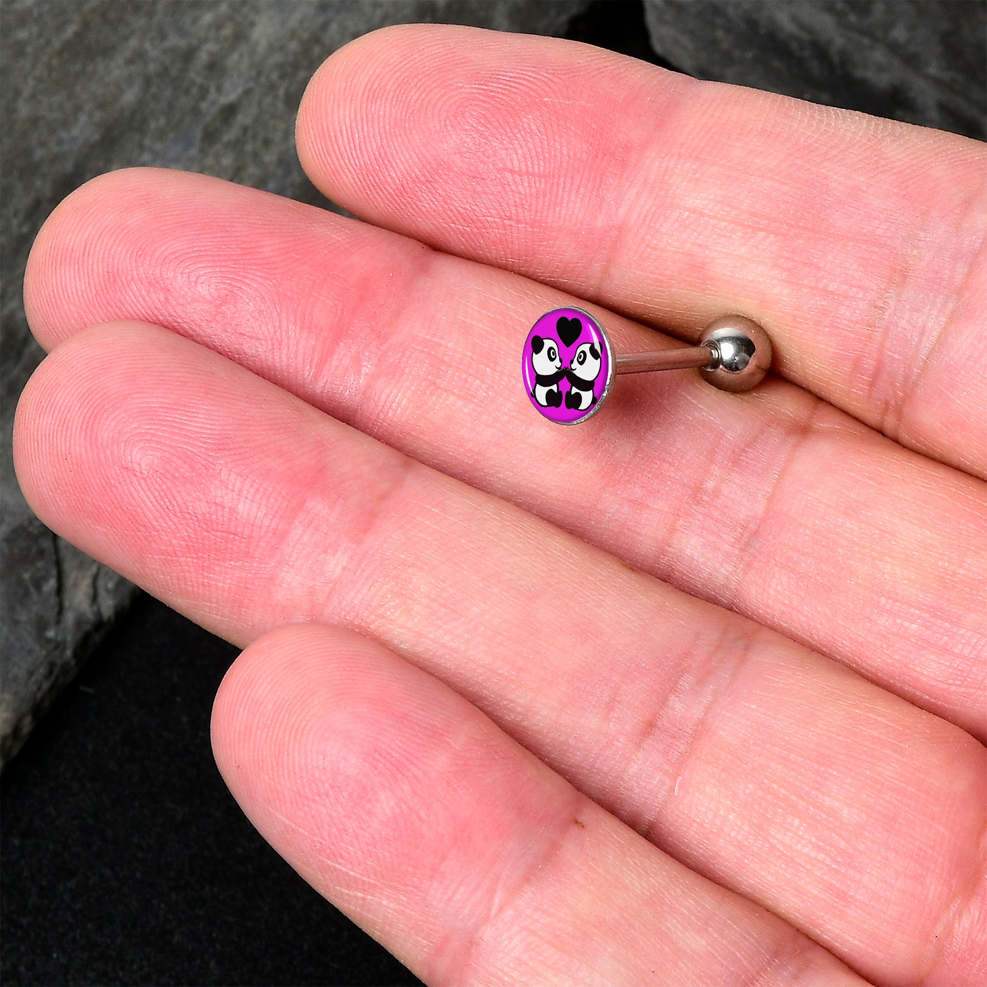 BodyCandy Panda Love Barbell Tongue Ring by Onyx O — detail close-up