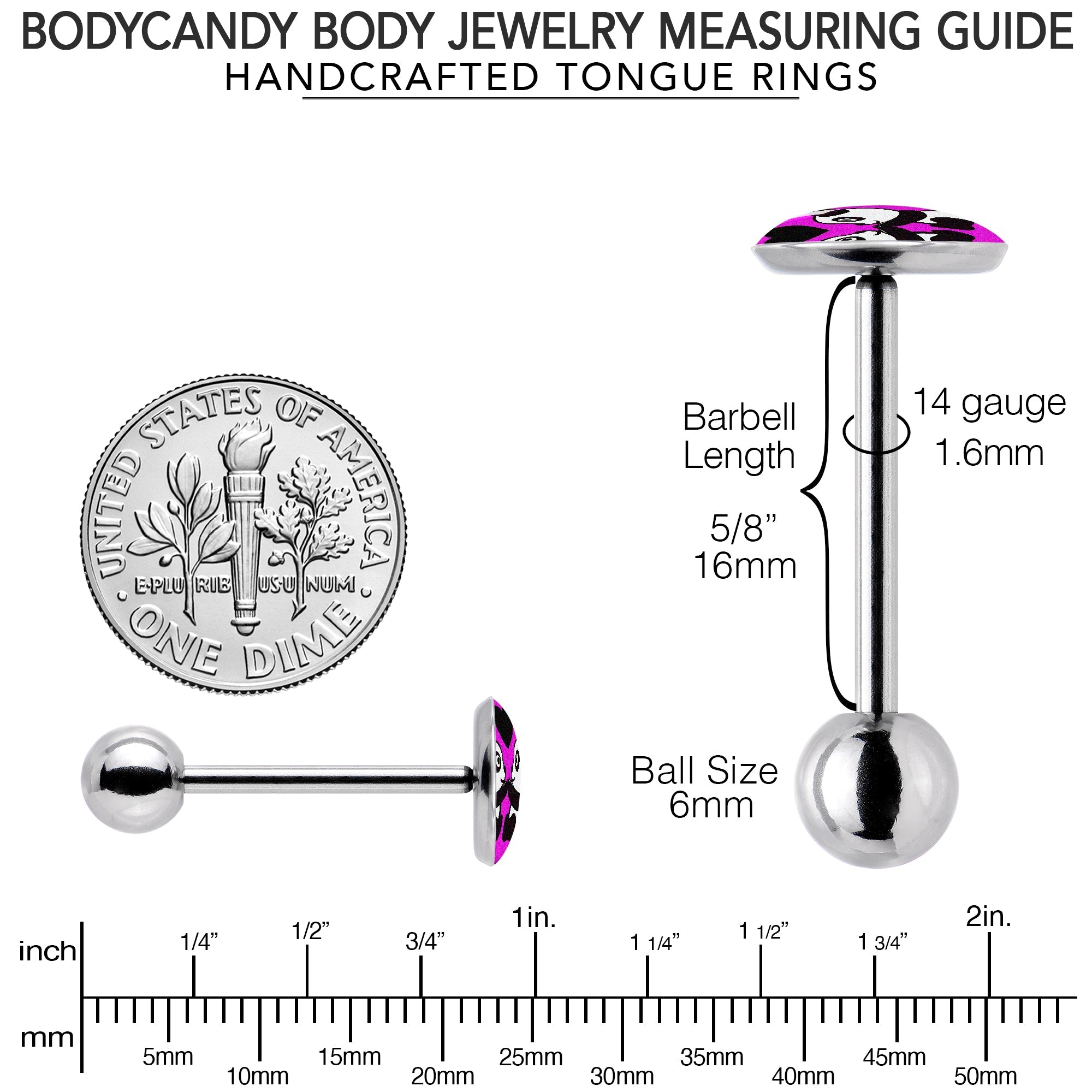 BodyCandy Panda Love Barbell Tongue Ring by Onyx O — back view