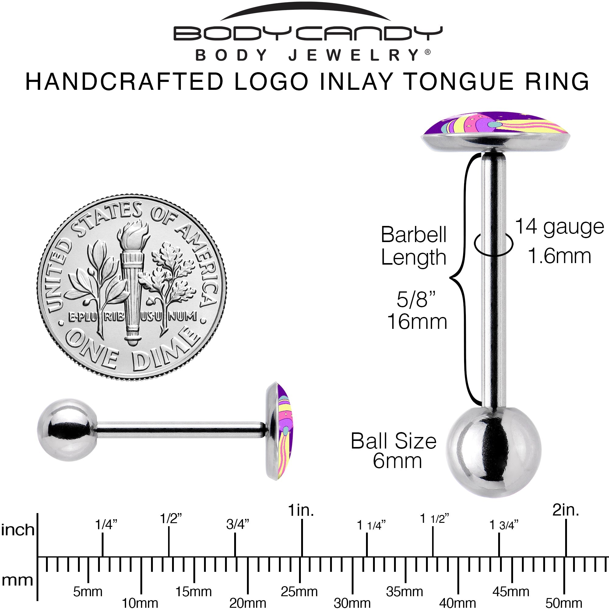 BodyCandy Style Space Invasion Barbell Tongue Ring by Onyx O — back view
