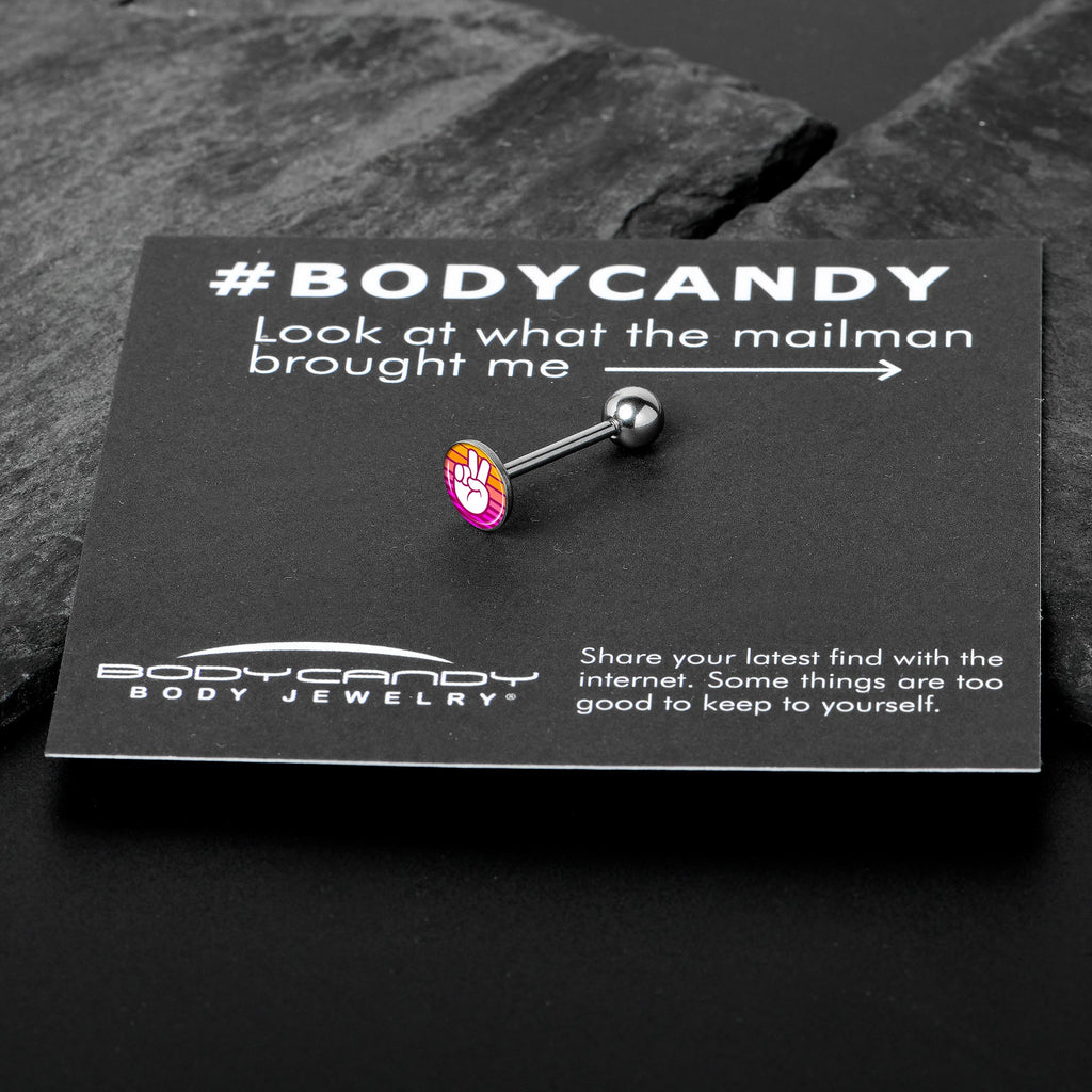 BodyCandy Retro Stripes Peace Sign Fingers Barbell Tongue Ring by Onyx O — in-use photo